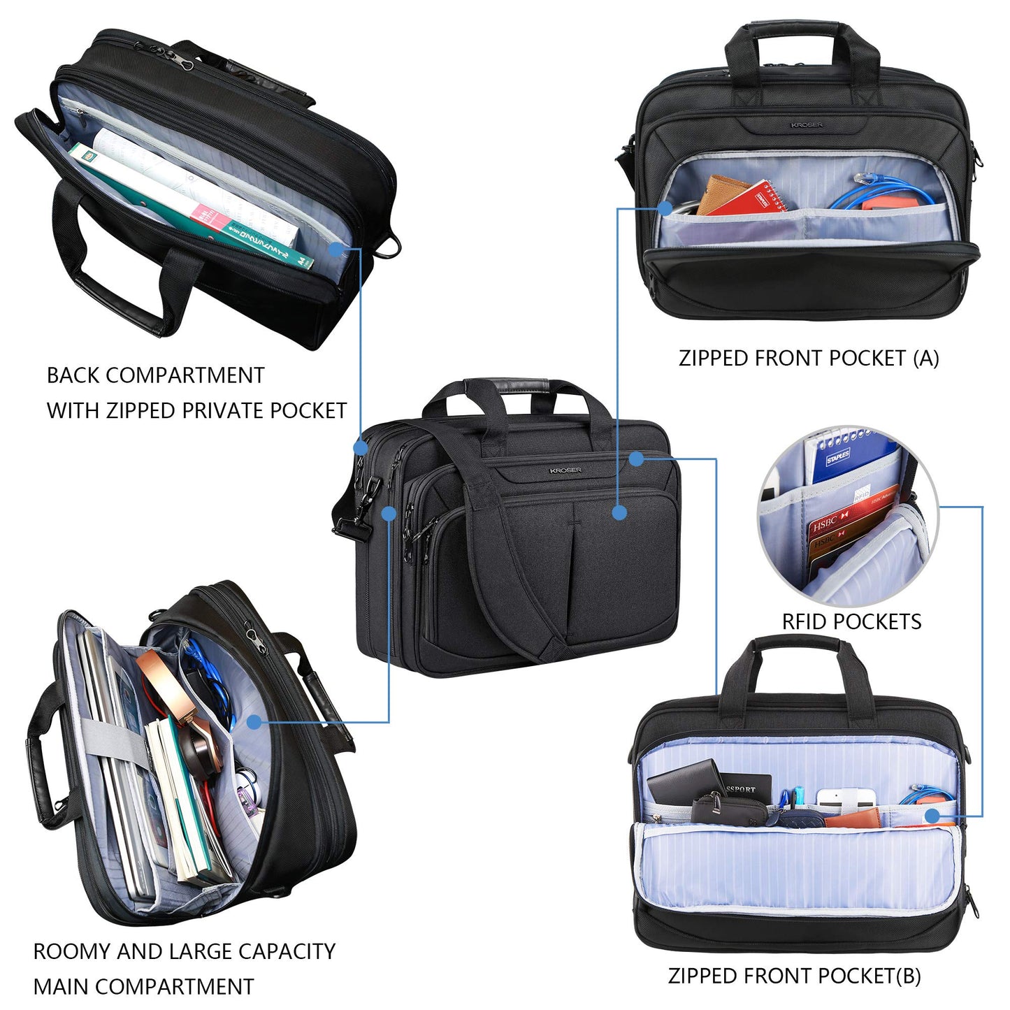 KROSER Laptop Bag Expandable Lightweight Briefcase for 17.3" Laptop Premium Business Work Bag Water-Repellent Messenger Bag with RFID Pockets for Travel/Women/Men-Black