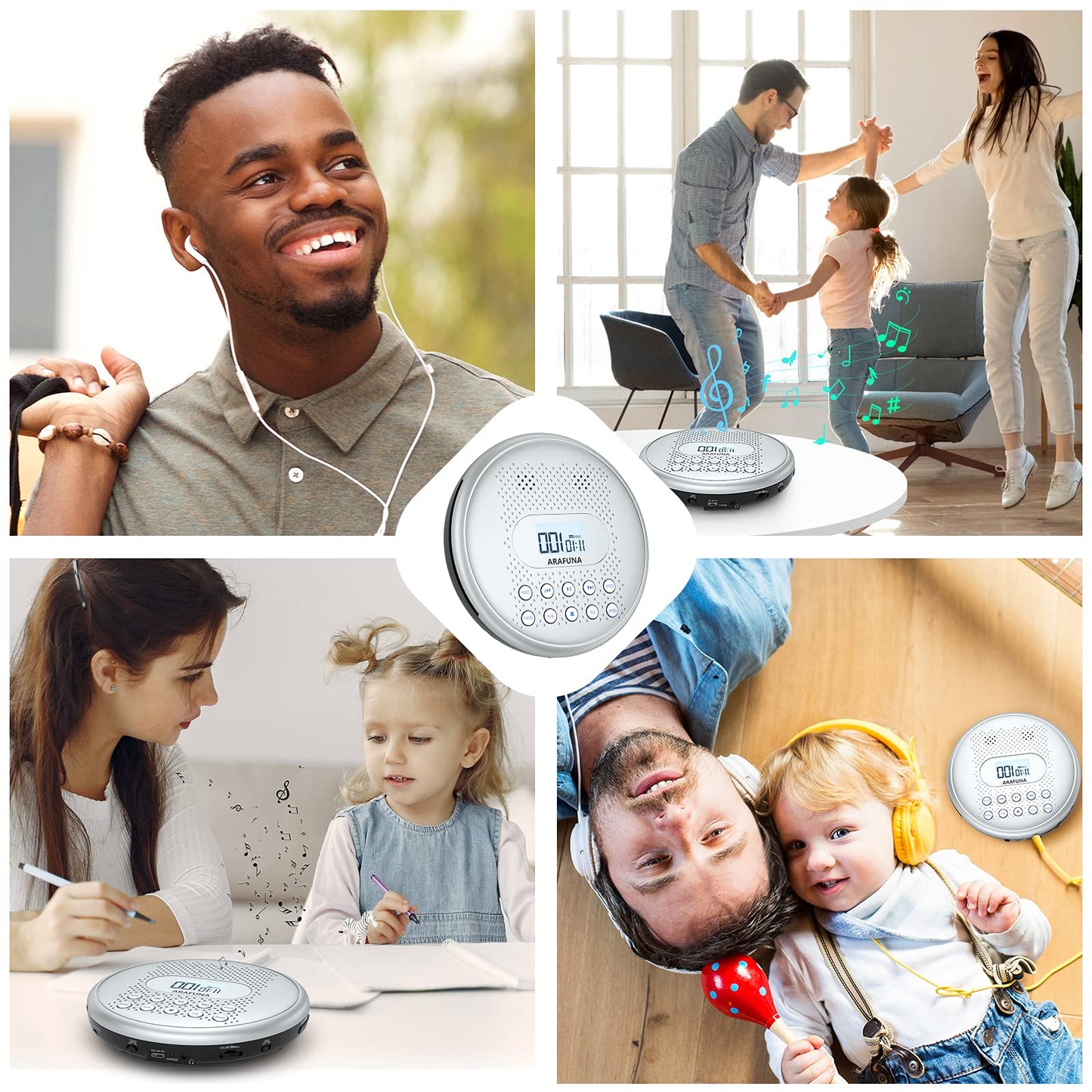 ARAFUNA CD Player Portable, Rechargeable Portable CD Players for Car with Speakers, Anti-Skip Walkman CD Player with Backlit Button, LCD Display and AUX Cable