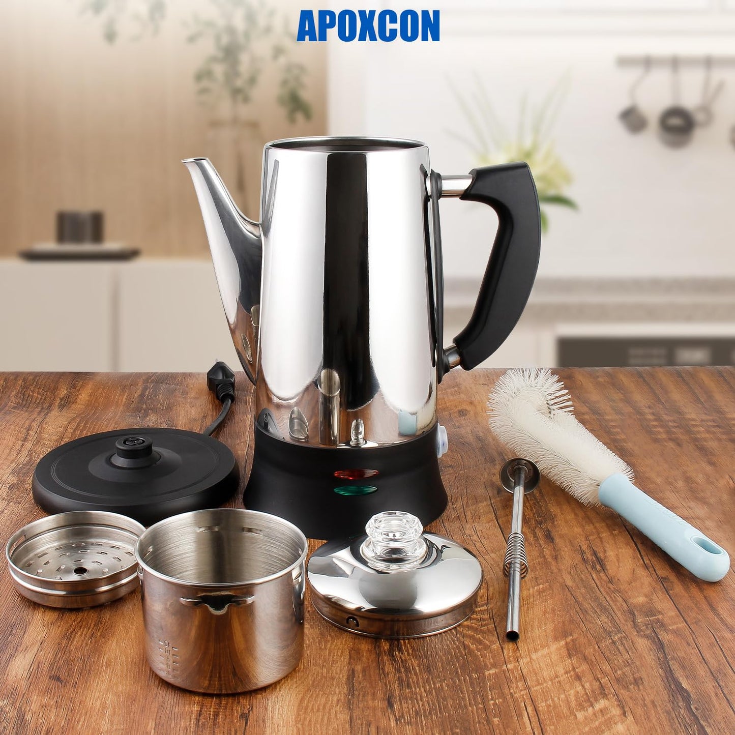 APOXCON Electric Coffee Percolator Stainless Steel Coffee Maker with Heat Resistant Tough Glass Clear Brew Progress Knob, Keep Warm & Cordless Serving Classic Coffee Pot with On/OFF Switch 12 Cup