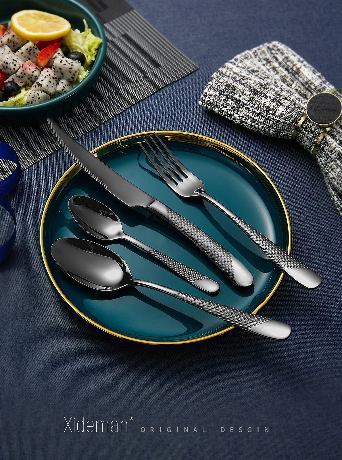 Xideman 16-Piece Modern Black Hammered Silverware Set with Ultra Sharp 2-IN-1 Serrated Knives, 18/10 Stainless Steel Flatware Set, Titanium Plated Cutlery Set Service for 4, Dishwasher Safe