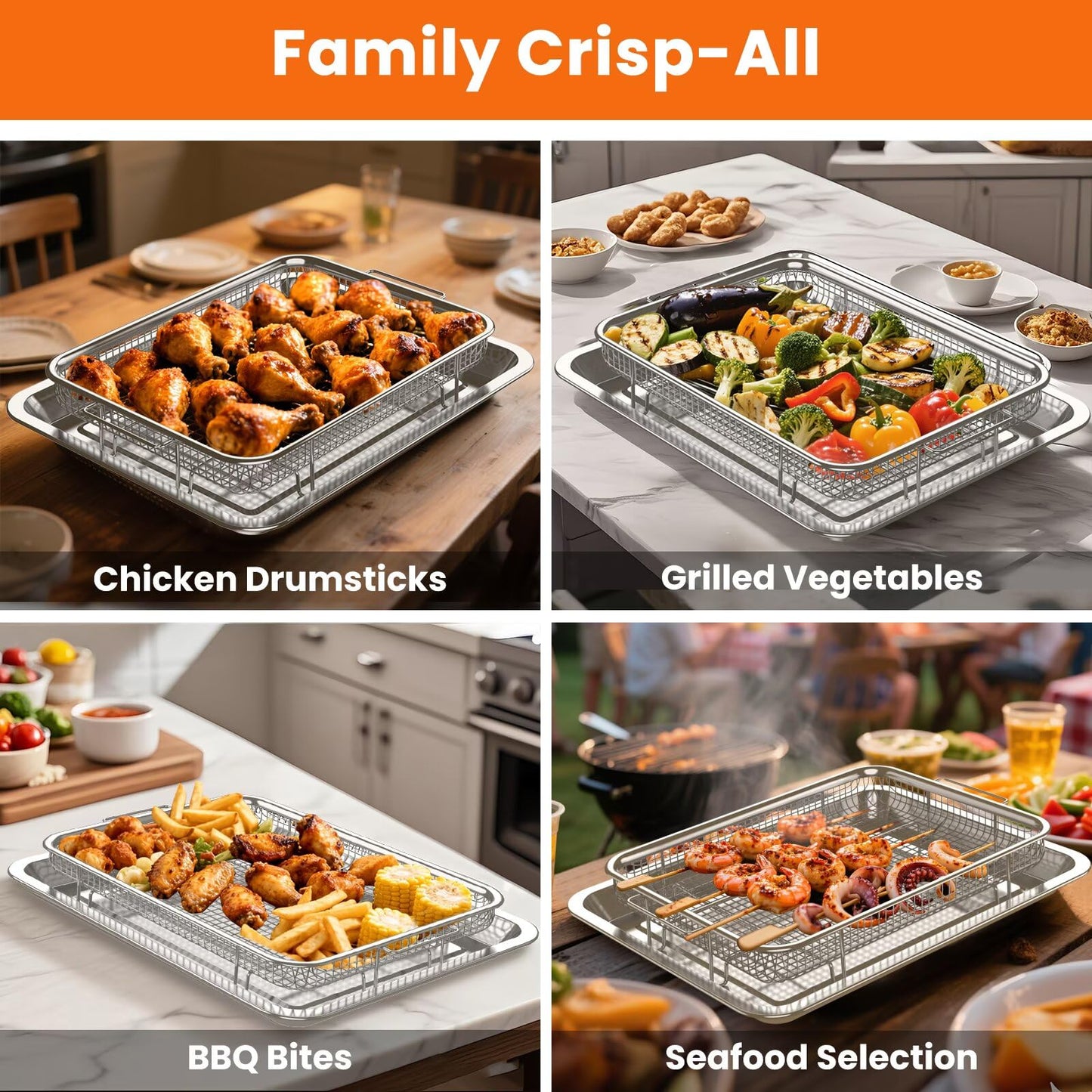 Xumilas 304 Stainless Steel Air Fryer Basket for Oven - 2 Pack Crisper Tray & Mesh Rack Set (15"x11" & 12.8"x9.7") with 60 Parchment Papers, Air Fry Pan for Bacon Fries Vegetables - Family Size