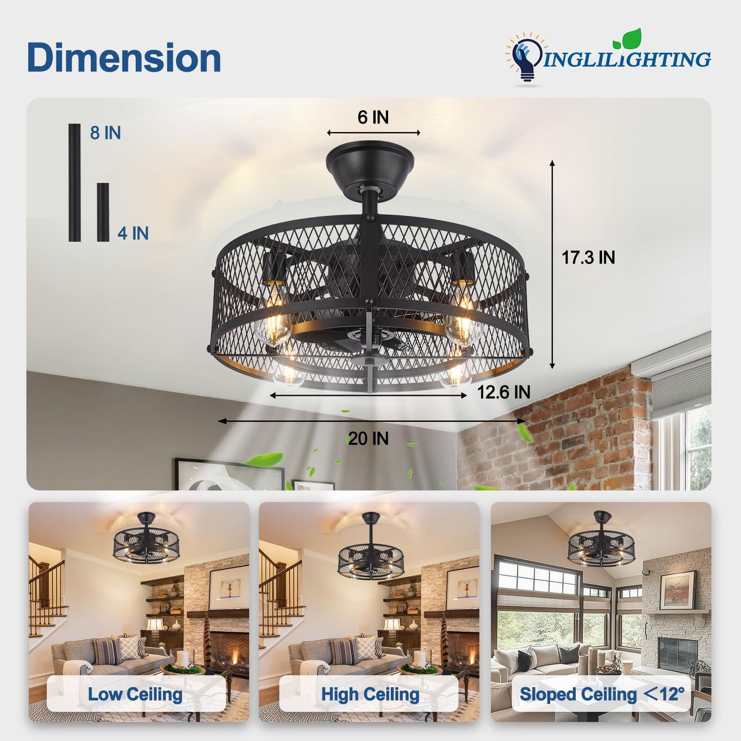 DLLT Caged Ceiling Fan with Light: 20" Farmhouse Fandelier with Lights and Remote & APP - Black Rustic Semi Flush Mount Bladeless Ceiling Fans Enclosed Fan for Bedroon Kitchen Living Dining Room