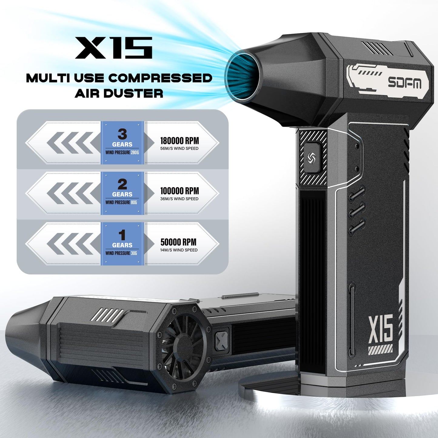 SDFM Compressed Air Duster - 180,000 RPM Electric Air Duster - with Brushless Motor, 3-Gear Adjustable Air Duster - for Keyboard, PC, Car, Air Bed, and Home Cleaning (X15)