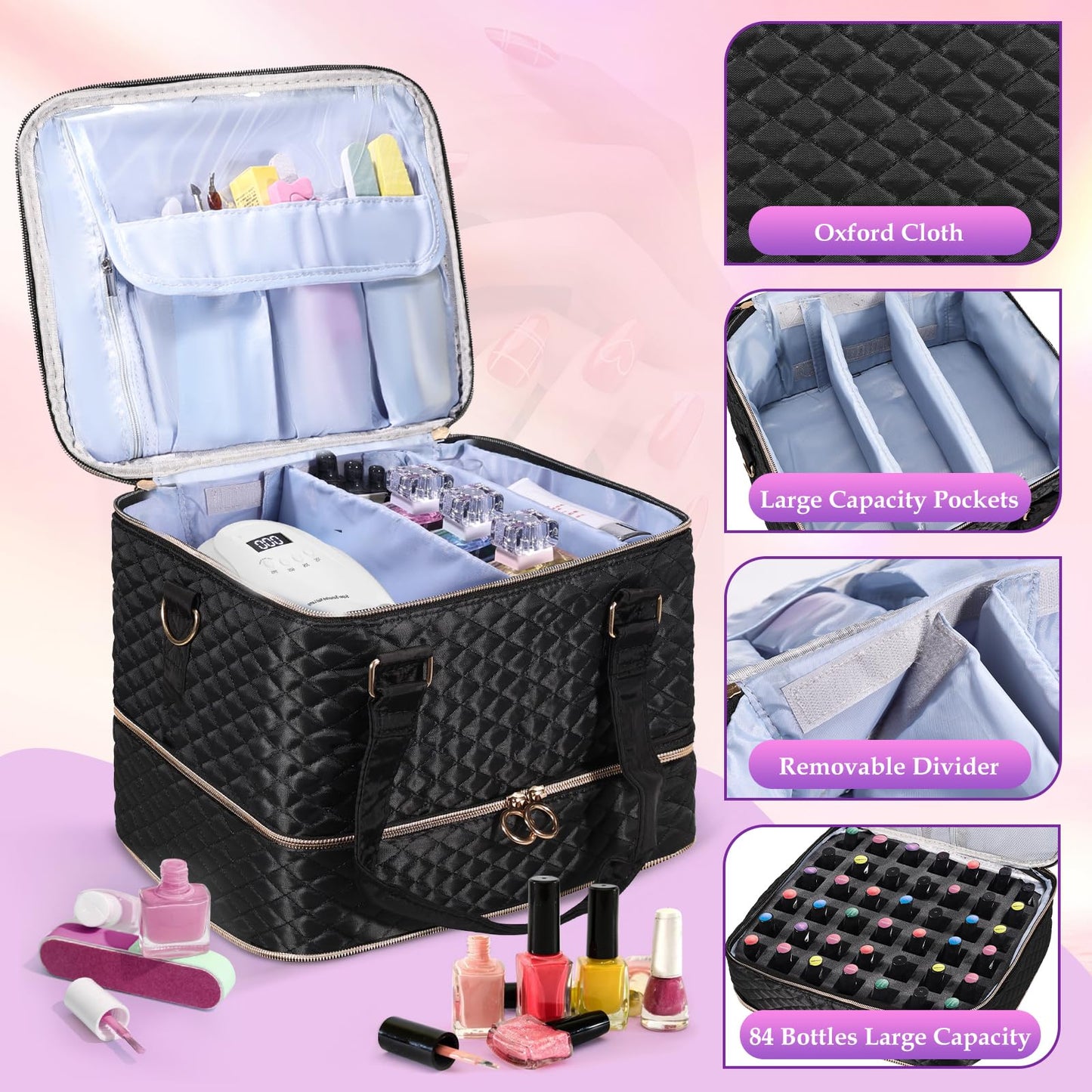 YUYAFN Nail Polish Organizer Case - Holds 84 Bottles Nail Polish & Nail Lamp Large Nail Polish Organizer Bag for Manicure Tools, Nail Polish Kit (Black)