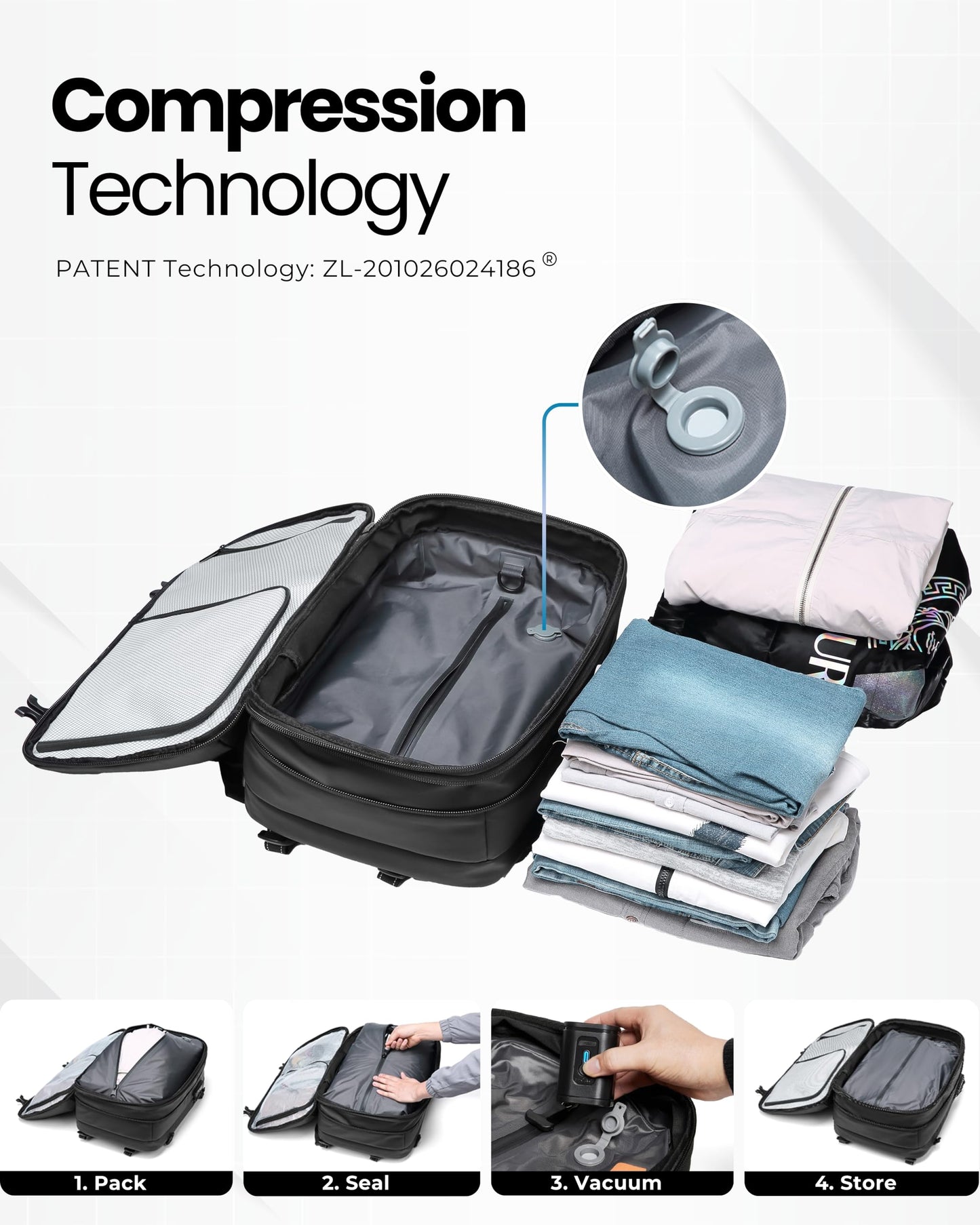 AirVault Voyage Vacuum Seal Travel Backpack 60L with Exapandable Vortex Air Compression Vacuum System Airback SpaceVacPro VacPack Water Resistant TSA Lock with Air Pump Blue