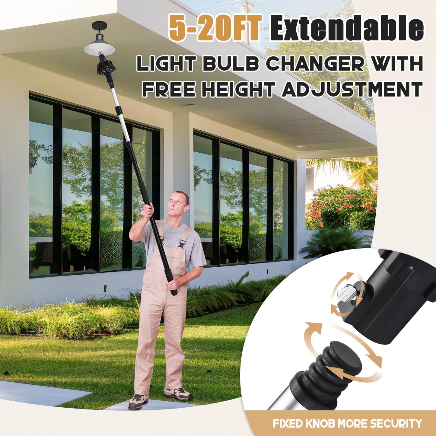 GADFISH 26FT Reach Light Bulb Changer for High Ceilings, 5-20FT Extension Pole, High Ceiling Light Bulb Changer Pole with Baskets and Suction Cup for High Ceilings and Recessed Lights