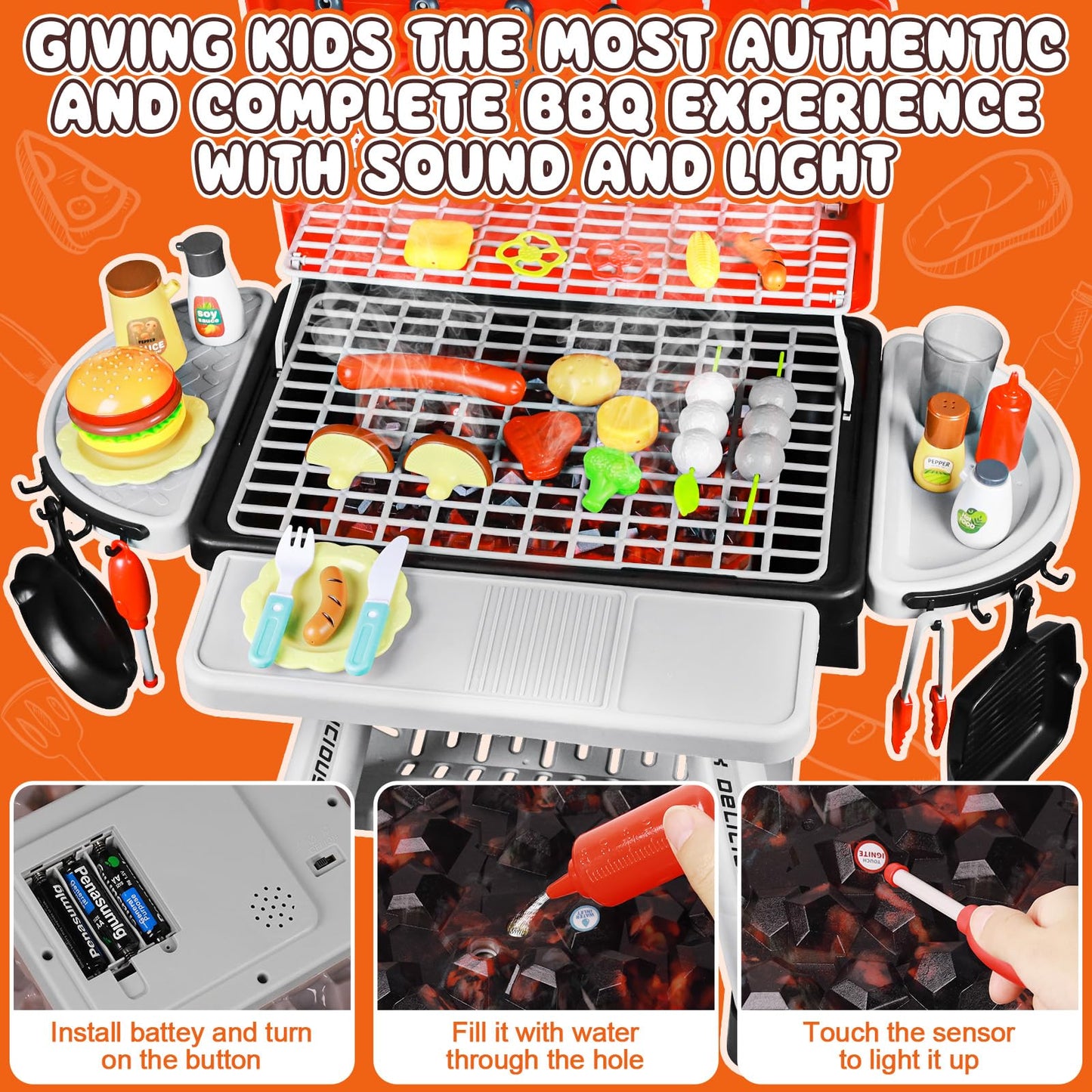 2025 Kids Play Kitchen Toy Grill BBQ Kitchen Playset Outdoor Toy with Smoke Light Outside Pretend Play Food Toys Cooking Set 2-Layer Barbecue Gifts for Toddler Boys Girls 3-5 6 7 8