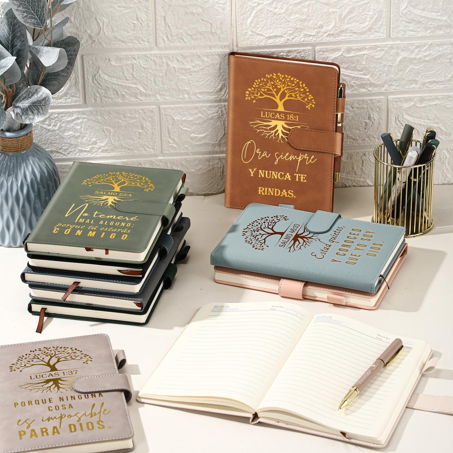 Kosiz 10 Sets Christian Gift Set – Inspirational Bible Verse A5 Leather Notebooks with Pens, Religious Prayer Journals for Teacher Student Church, Bible Study & Sunday School(Spanish)