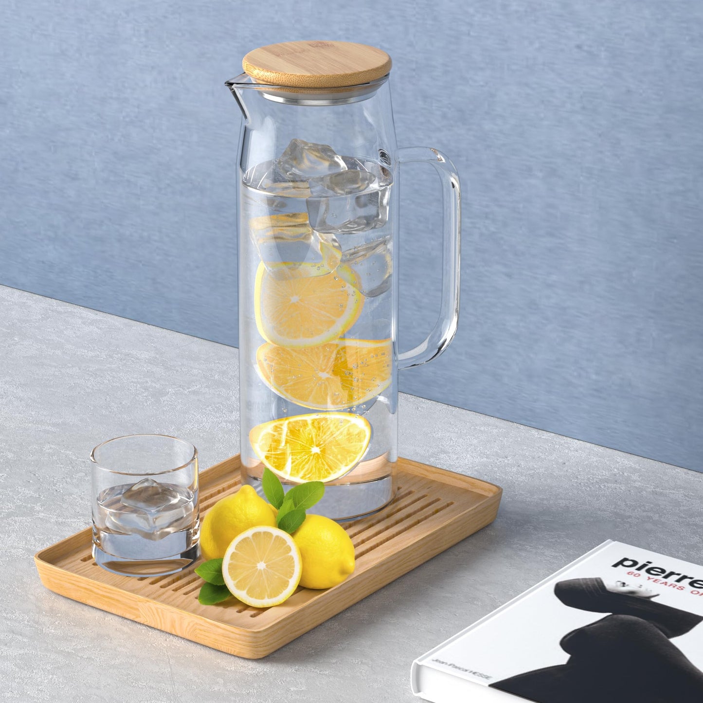 3 Sets Glass Pitcher with Lid, 50 oz / 1500 ml Water Carafe with Handles Hot Cold Beverage Water Jar Glass Jug (Bamboo lid)