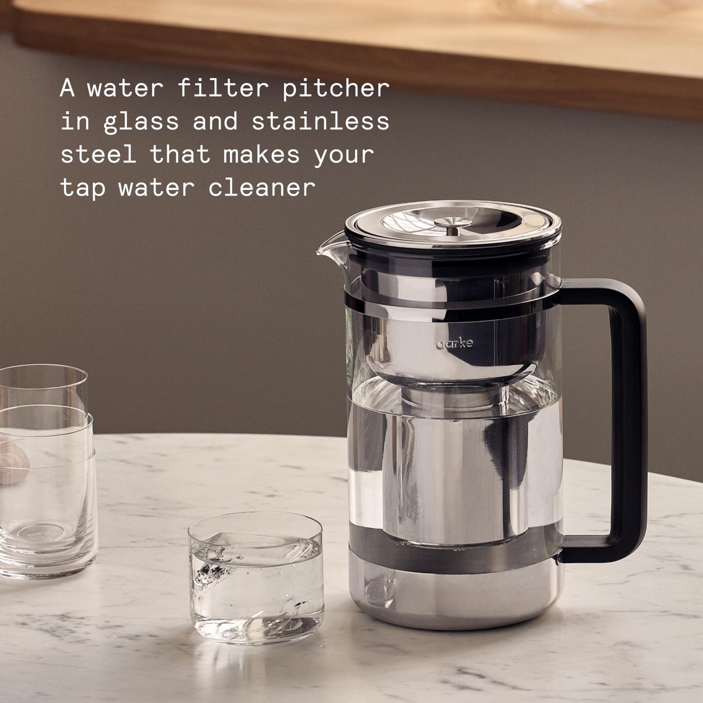 Aarke Purifier Glass Water Pitcher, Refillable Stainless Steel Filter, 8-Weeks Performance, BPA-Free, Dishwasher Safe, Pure & Enriched Refill Granules, 1.66L (7 Cups) Capacity
