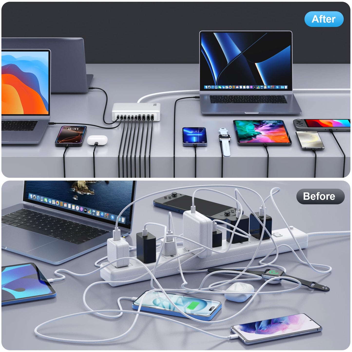 730W USB C Charger Block,10-Ports GaN V Fast Charging Station Hub,QC4.0+Three PD 100W Laptop Charger Wall Power Adapter for MacBook Pro/Air,DELL,iPhone 16/15/14,iPad,Galaxy S25,Pixel,Steam Desk etc