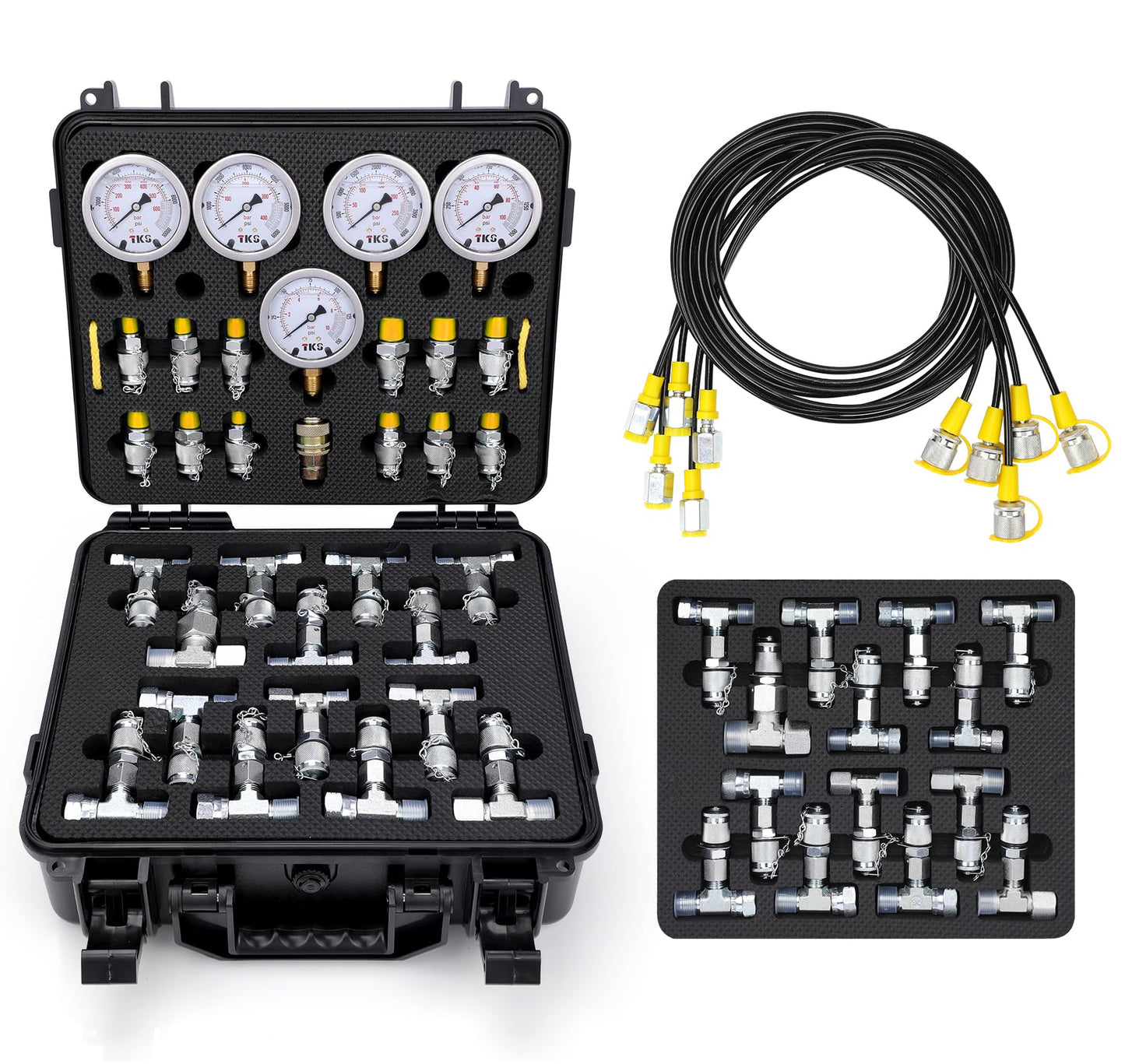 AilemeNova Hydraulic Pressure Test Kit, 5 Gauges (10/100/250/400/600bar) 60mpa 13 Test Couplings 14 Tee Connectors 5 Test Hoses w/Sturdy Portable Carrying Case for Excavator Construction Machinery