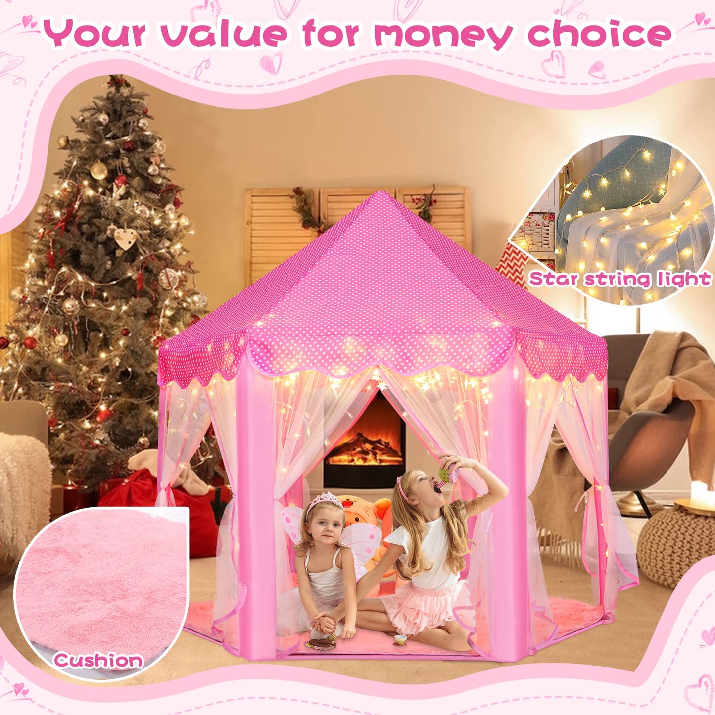 Monobeach Princess Tent Girls Large Playhouse Kids Castle Play Tent with Star Lights Toy for Children Indoor and Outdoor Games, 55'' x 53'' (DxH) (Pink Princess Tent with Play Mat)