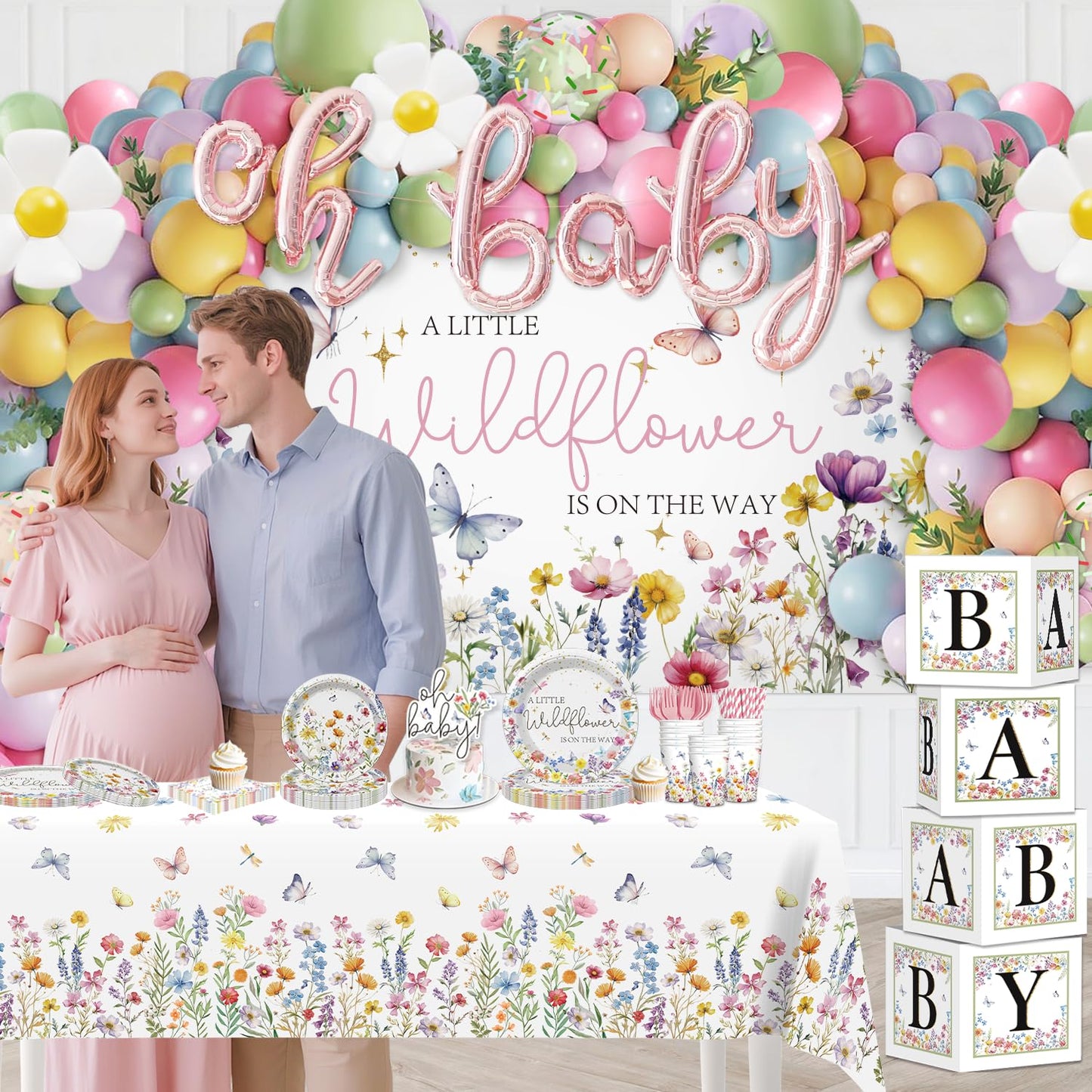 Wildflower Baby Shower Decorations for Girl, All-in-One Set A Wildflower is on the Way Baby Shower Decor, Balloon arch Cake Topper Tableware Balloon Box Backdrop Sash Corsage, Etc