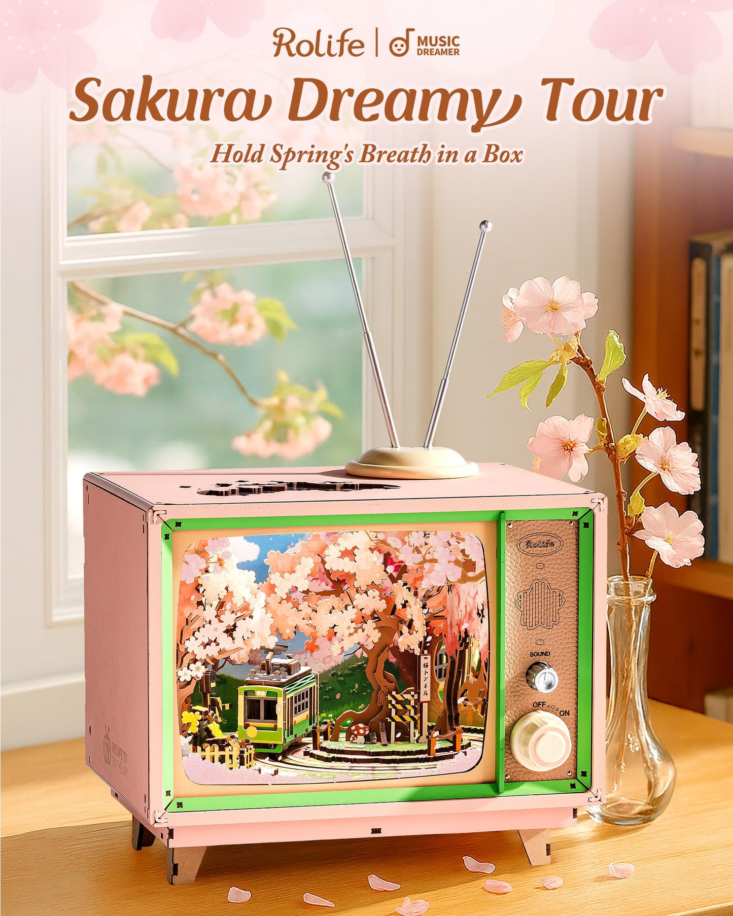 Rolife 3D Wooden Puzzles for Adults DIY Book Nook Kit 16" Japanese Cherry Blossom Music Box Toy Building Set Home Decor Gifts for Girls Boys Adults (Sakura Dreamy Tour)