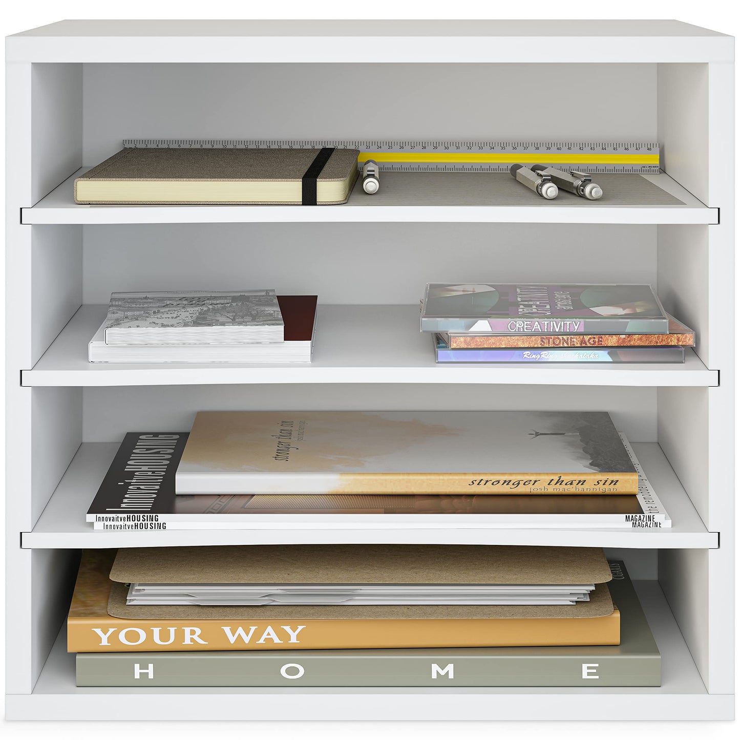Ballucci 4-Tier Paper Organizer for Desk, Stackable Organizer Tray, Desk Storage Shelves, Stacking Letter Paper Tray Sorter for Classroom, Office, White