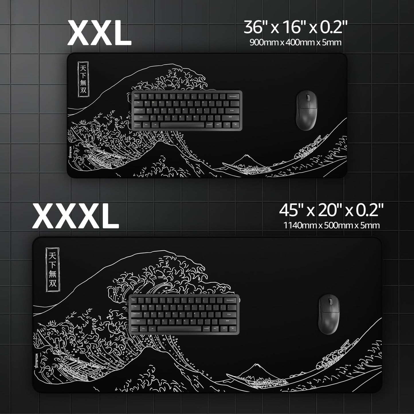 Hystar® Extended Gaming Mouse Pad | XXL 36" x 16" | 5mm Thick, Waterproof Surface, Smooth Polyester Fabric, and Natural Rubber Base | The Great Wave (Black)