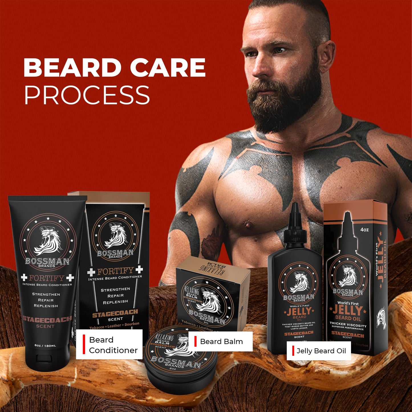 Bossman Essentials Beard Kit for Men – Beard Oil Jelly, Fortifying Conditioner Cream & Beard Balm – Grooming Care Accessories (Stachecoach Scent)