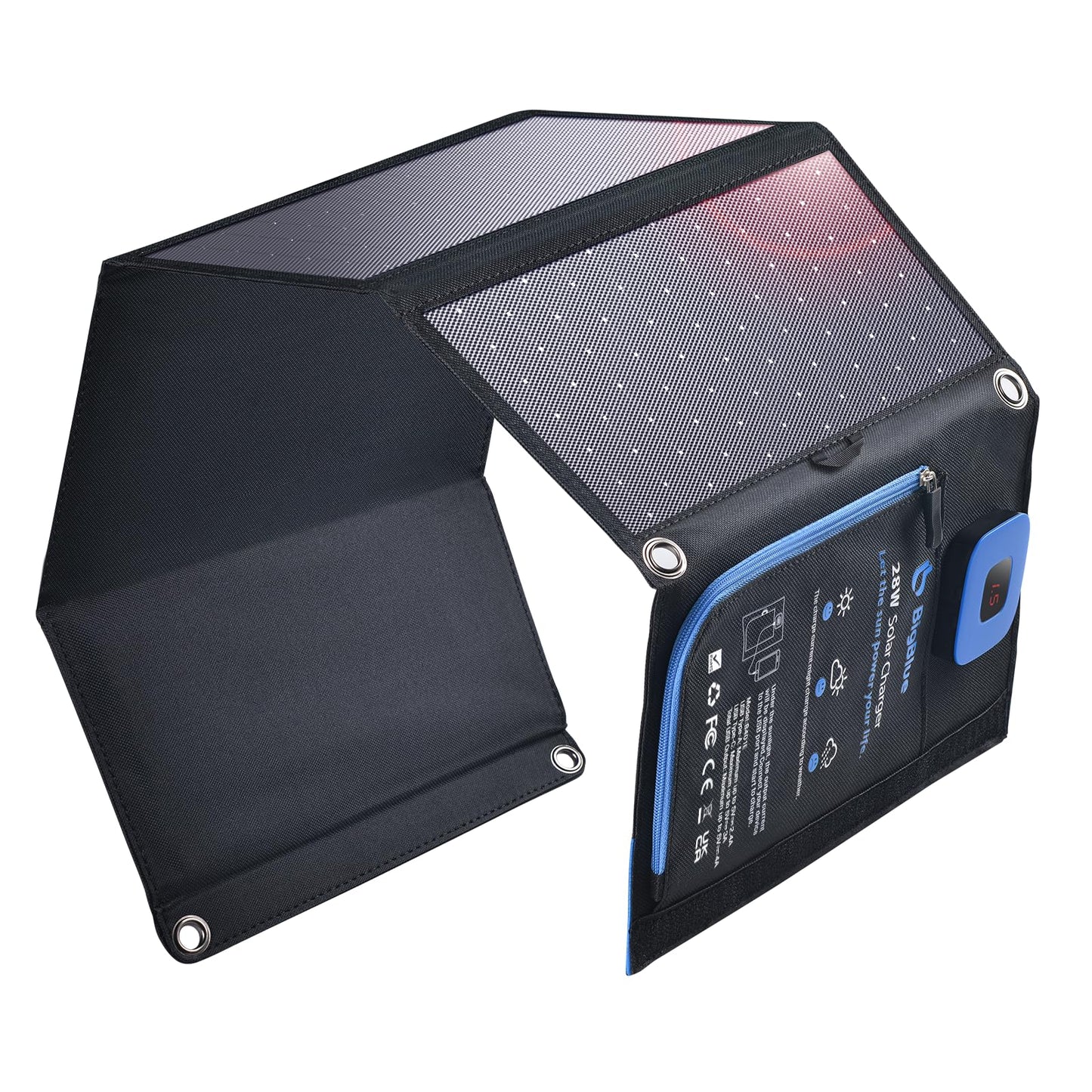 BigBlue Portable Solar Charger 28W with Digital Ammeter,25.4% High-Efficiency, USB-A/USB-C Ports, Folding Waterproof Solar Panels with Carabiners for Camping, Backpacking, Phones, Tablets, Power Bank