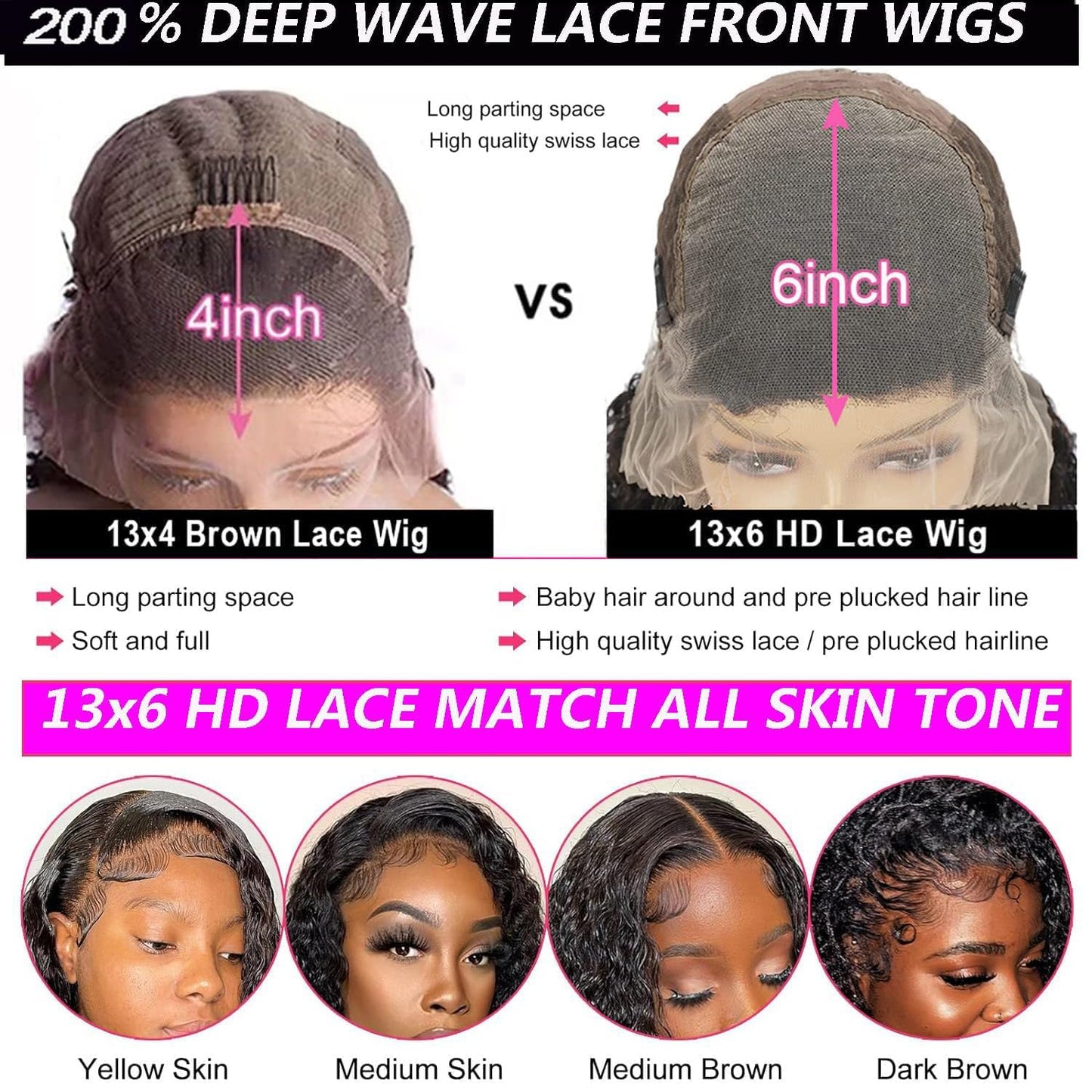26 Inch 13x6 Deep Wave Lace Front Wigs Human Hair Pre Plucked HD Lace Front Curly Wigs Human Hair 200% Density Glueless Frontal Wigs Human Hair with Baby Hair Curly Wigs for Women Natural Black