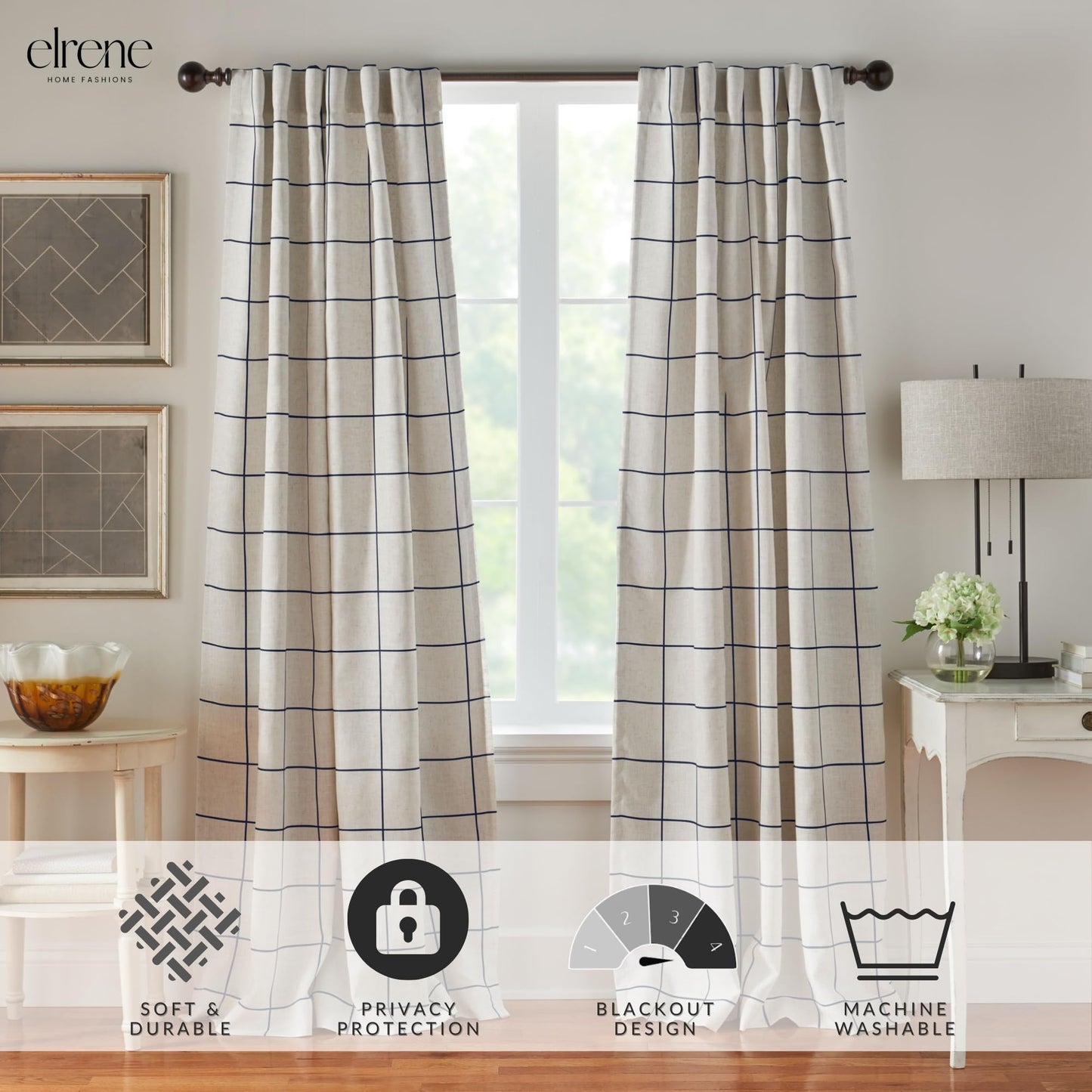 Elrene Home Fashions Brighton Windowpane Plaid Blackout Window Curtain, Living Room and Bedroom Drape with Rod Pocket Tabs, 52" x 84", Indigo, 1 Panel
