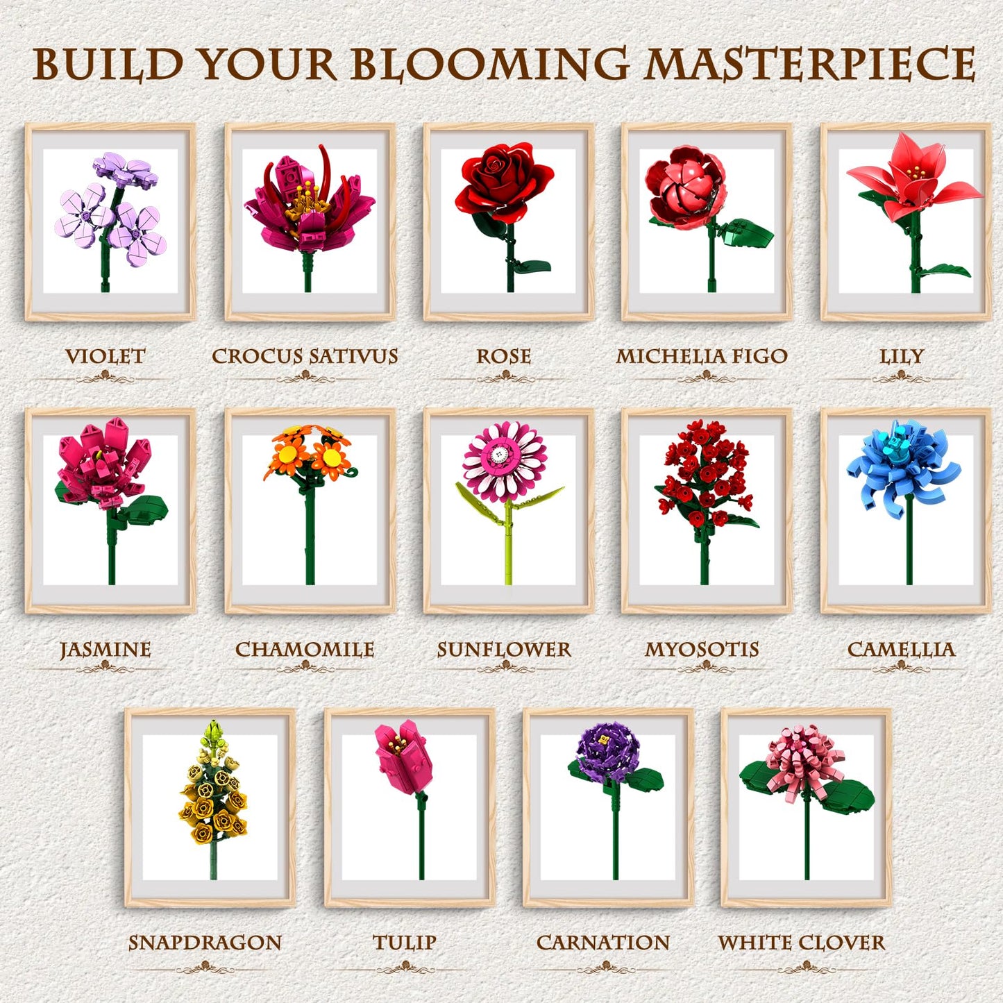 Linkowin Flower Bouquet Building Set,1316PCS Creative DIY Plant Bouquet Decoration,14 Artificial Flowers Botanical for Adults Women Girls Ages 6+,Idea Gifts for Mother's Day, Birthdays, No Vase