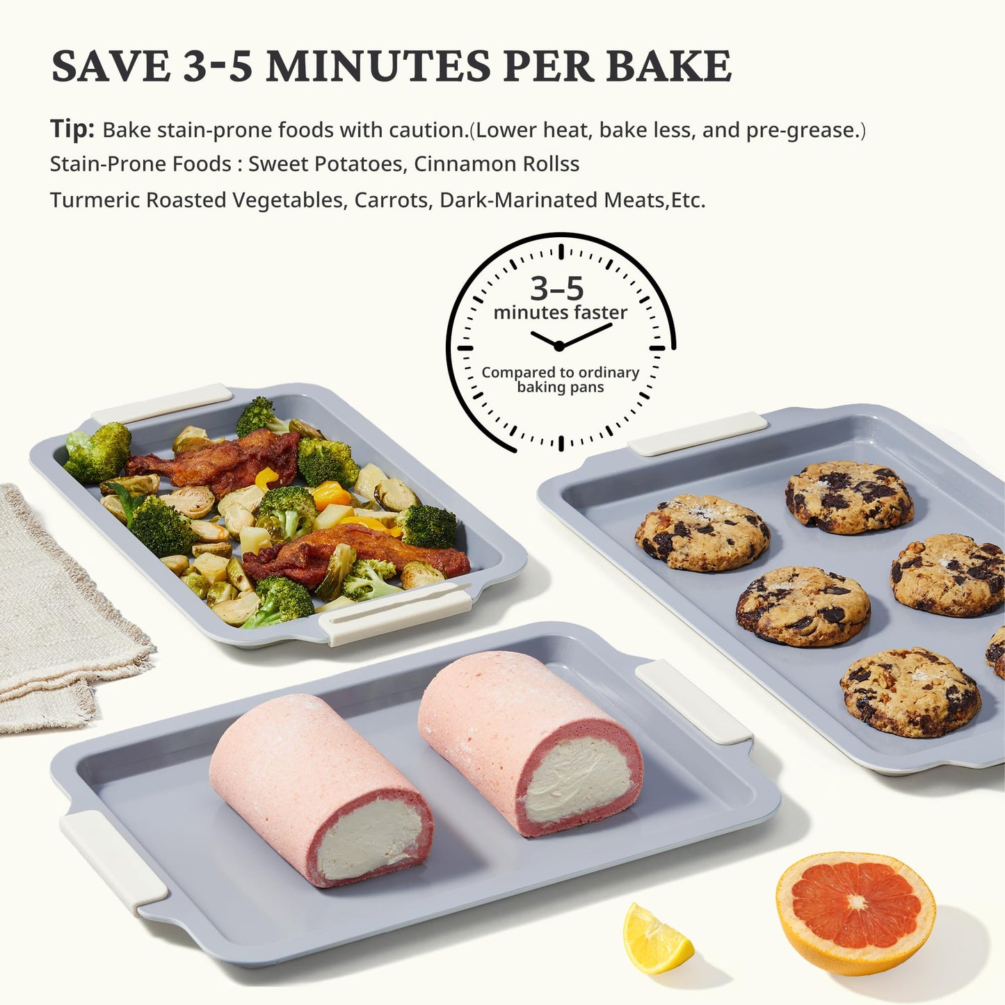 BRONYPRO Non Stick Ceramic Baking Sheet Pan Set of 3, Natural Non Toxic Cookie Sheets for Baking - PFOA, PTFE Free, Heavy Duty Aluminized Steel Oven Trays for Cooking with Silicone Handles, Cream