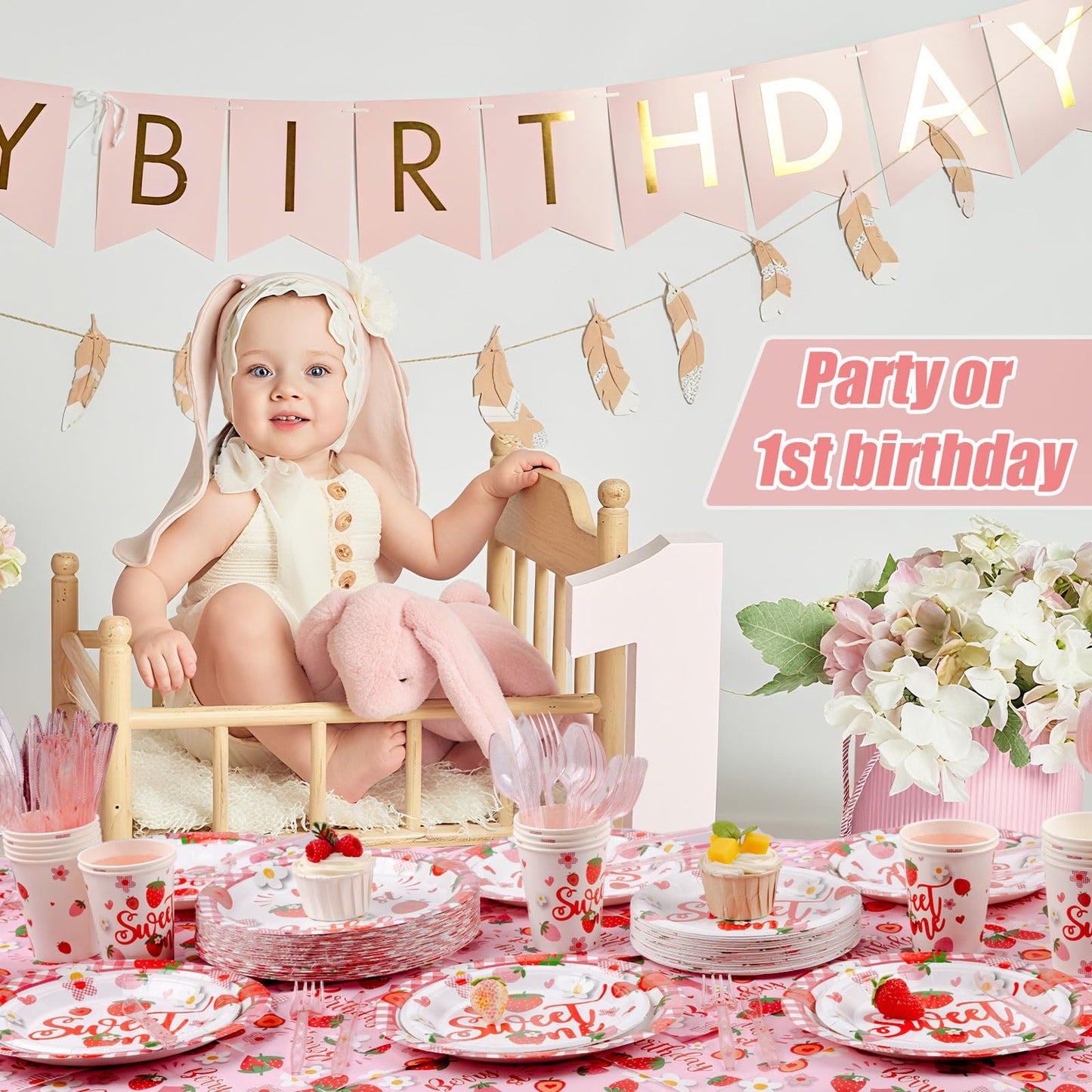 350 PCS Strawberry 1st Birthday Decorations for 50 Guests,Berry First Birthday Plate and Napkin Sets nclude Paper Plate, Napkin, Cup and Disposable Plastic Cutlery