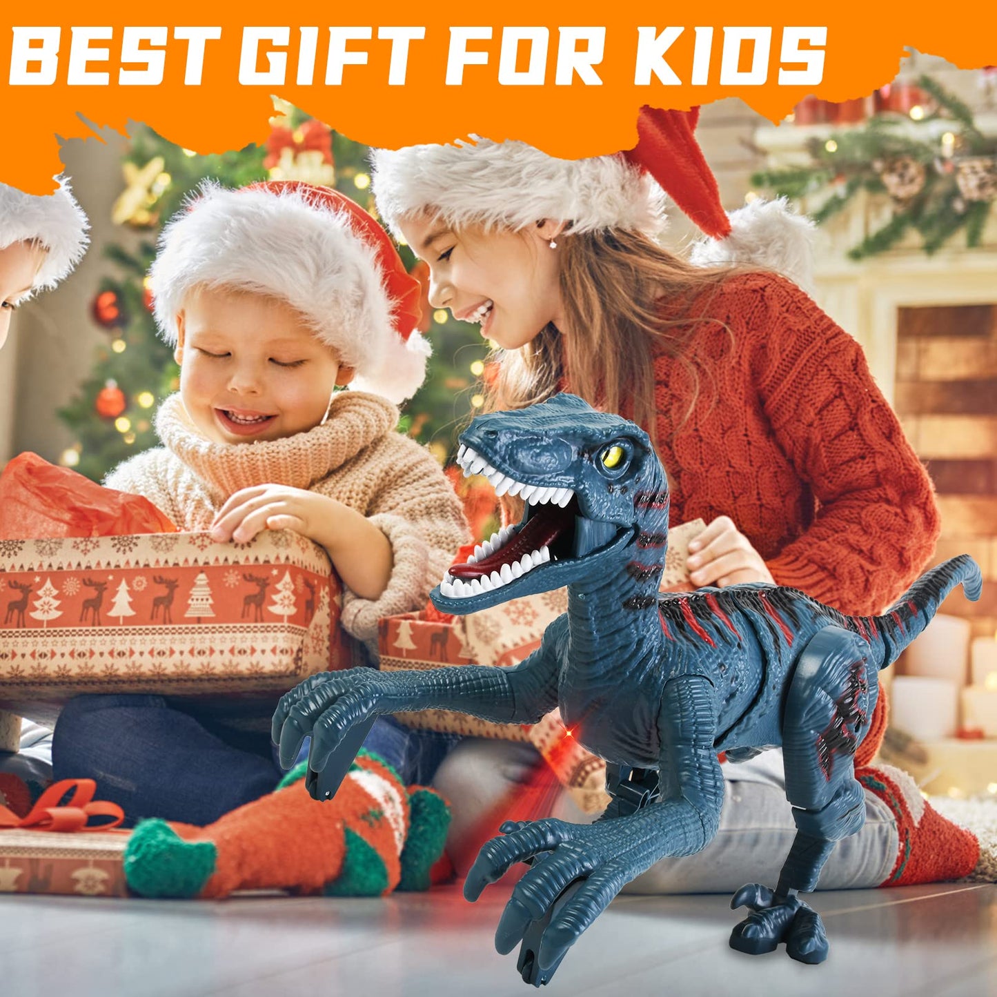 APOBATK Remote Control Velociraptor Toy - Realistic Walking Dinosaur with Lights & Sounds - STEM Toy for Boys Ages 5-7 & 8-12 Blue