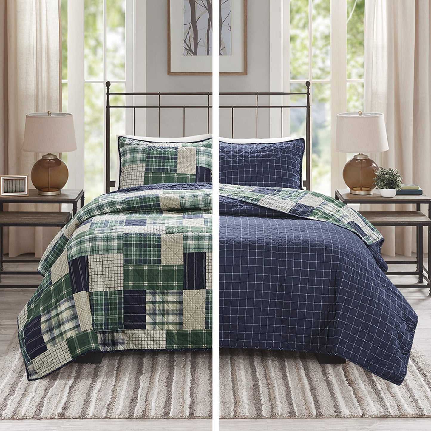 Madison Park Reversible Quilt Cabin Lifestyle Plaid Design - All Season, Breathable Coverlet Bedspread Bedding Set, Matching Shams, King/Cal King(104"x94"), Green/Navy 3 Piece