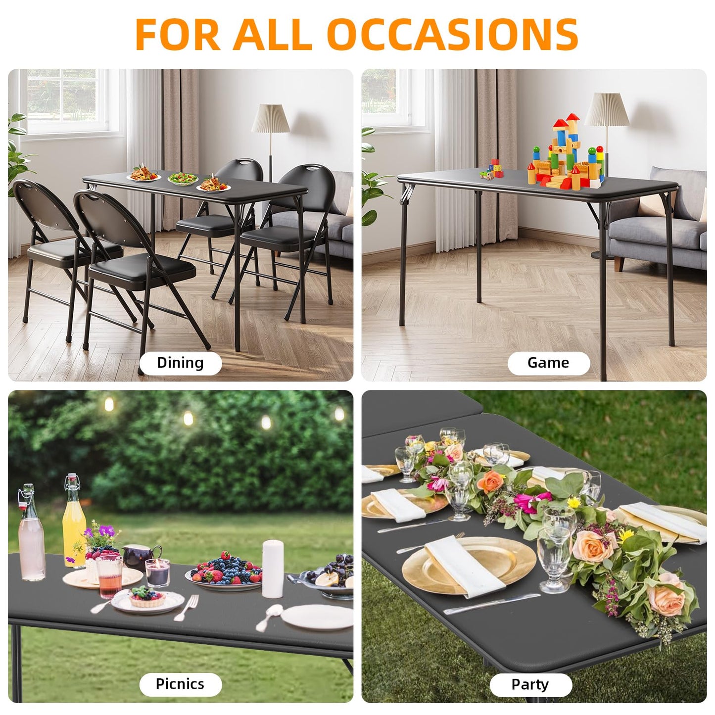 IDEALHOUSE 4 Feet Folding Table, Protable Foldable Card Table, Metal Legs Support, Upholstered PU Leather Tabletop, Heavy Duty, No Assembly Required, Perfet for Indoor and Outdoor, Black