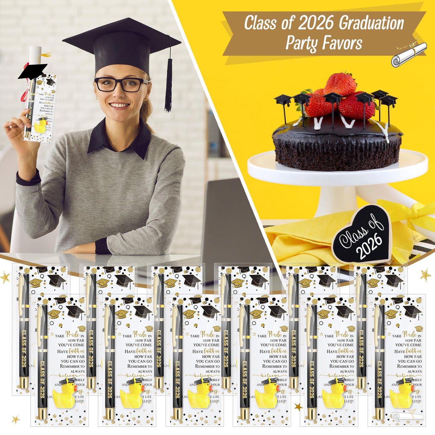 Sayglossy 30 Sets Graduation Gifts Bulk Class of 2026 Gel Ink Pen Mini Card Cap Yellow Resin Duck Graduation Party Favors End of Year Gift(Black)