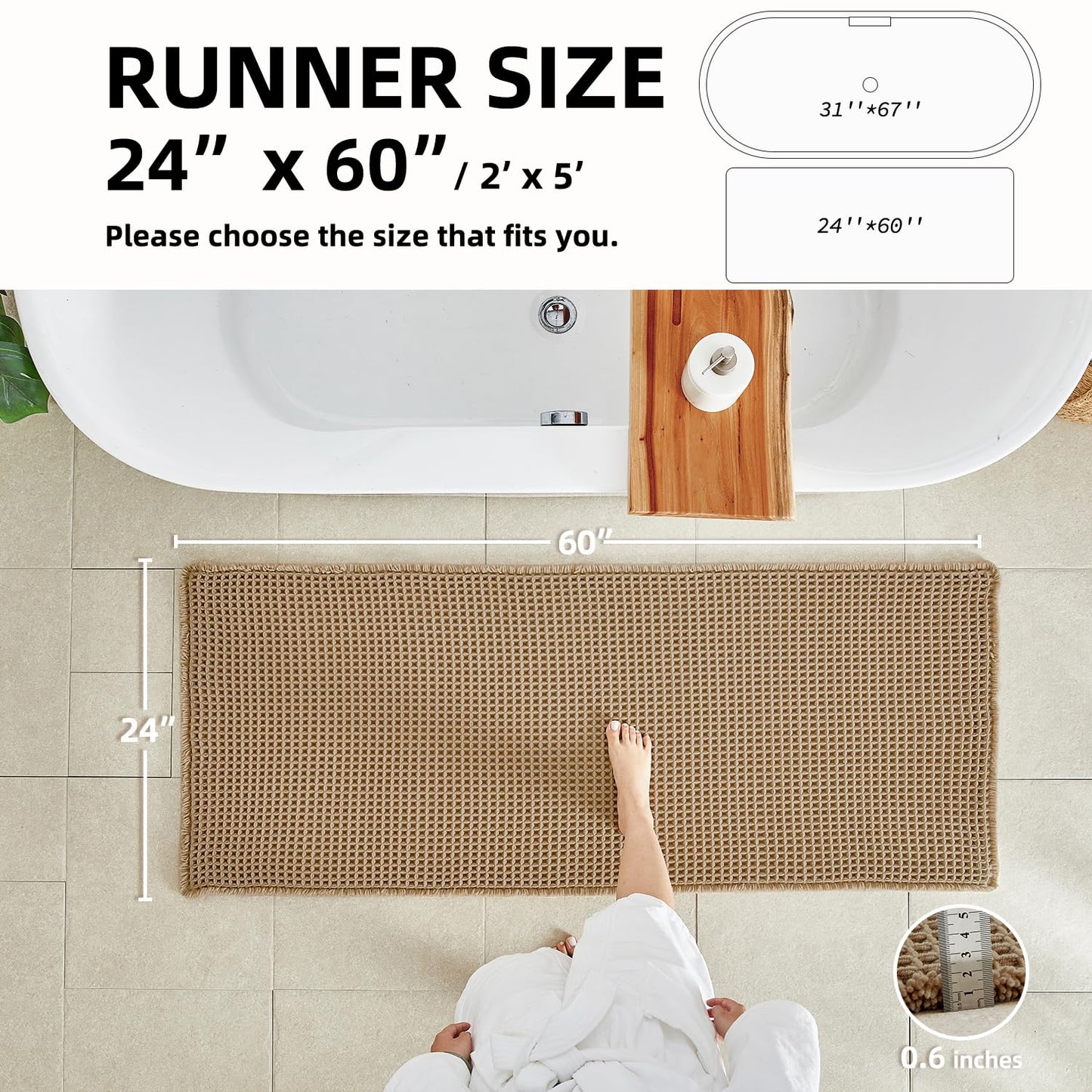TYUU Waffle Runner Rug Bathroom, Long Boho Bathroom Rugs Non Slip Washable Super Absorbent Quick Dry Farmhouse Bath Decor, 60"x24" Khaki