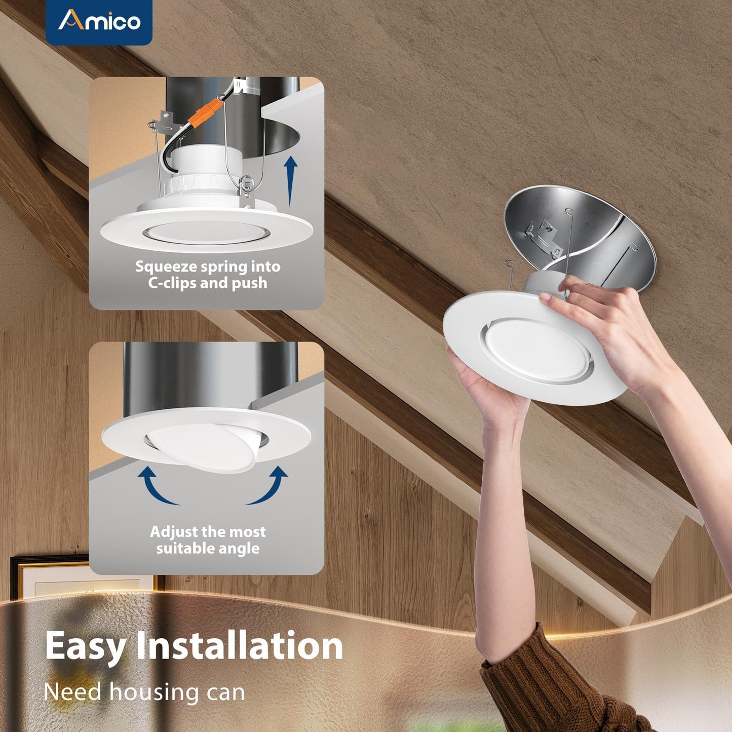 Amico 5/6 Inch Retrofit Eyeball Gimbal Can Lights 6 Pack, 5CCT LED Recessed Lights Directional Angled Trim Adjustable Ceiling Downlight, 2700K/3000K/4000K/5000K/6000K, 16W=150W, 1500 LM- ETL&FCC