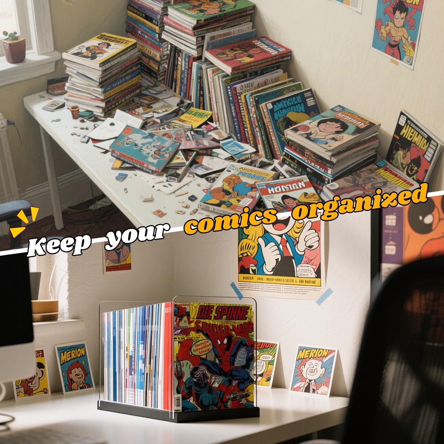 EZFXHD WTER Comic Book Storage Holder,Wood Comic Book Case with three acrylic dividers,Acrylic Comics Book Box,Bin & Organizer,Stores Up To 150 Comics (Black)