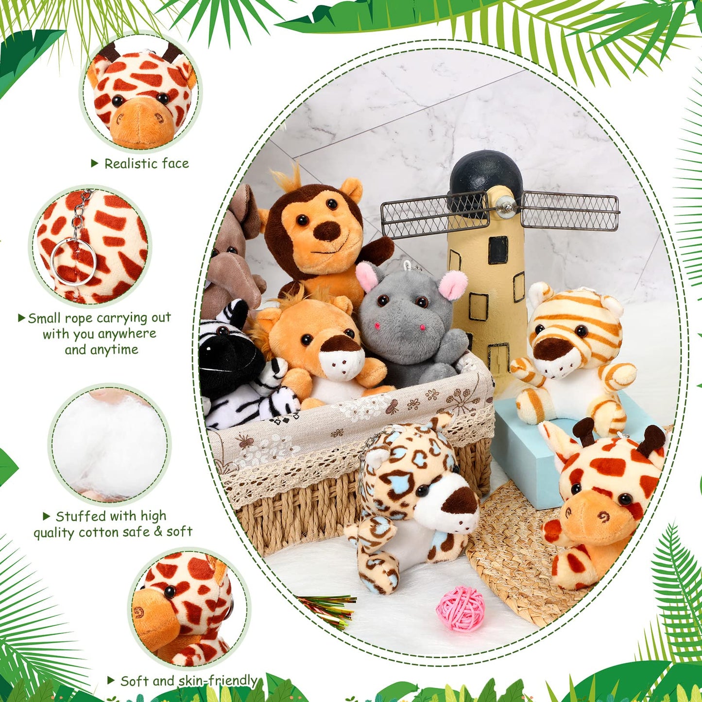 Leitee 48 Pack Mini Plush Animals Toys Set 4.7 Inch Stuffed Animal Keychain Small Goodie Bag Fillers for Easter Hunts, Valentine‘s Day, Carnival Prizes, Jungle Party