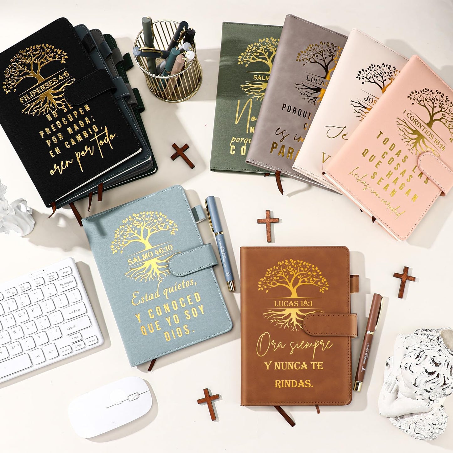 Kosiz 10 Sets Christian Gift Set – Inspirational Bible Verse A5 Leather Notebooks with Pens, Religious Prayer Journals for Teacher Student Church, Bible Study & Sunday School(Spanish)