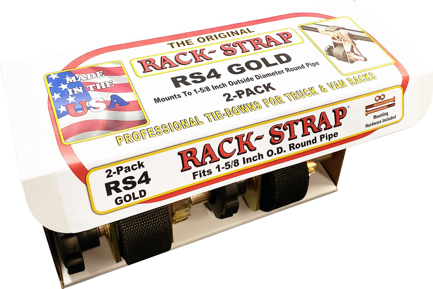 2 Pack, Rack-Strap, The Original American Made Ladder Rack Tie-Downs, Round Mounting Bracket, RS4 Gold 1-5/8 Inch Diameter Round Mounting Bracket, Bolt Mounting Hardware Included, 8 Foot Black Strap