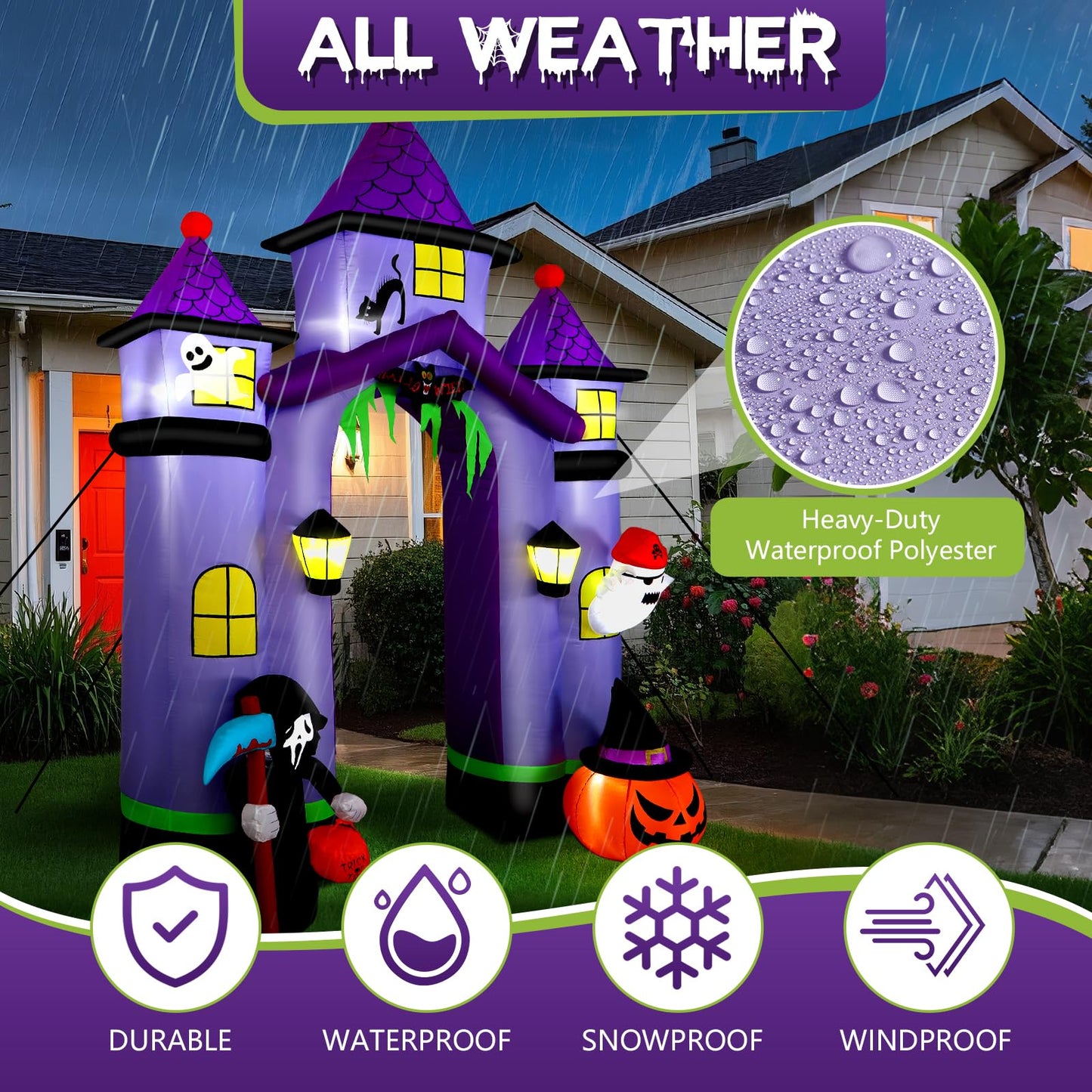Alupssuc 11.6FT Halloween Inflatable Arch Outdoor Decoration with Built-in LEDs Lights, Large Blow Up Purple Castle Archway with Ghost & Pumpkin for Outside/Indoor Xmas,Yard,Garden,Lawn,Holiday Decor