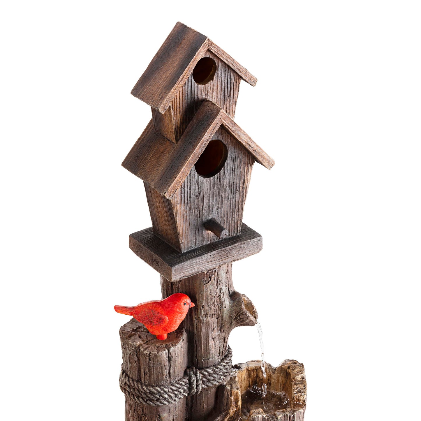 Alpine Corporation WCT1002 35" Tall Outdoor 3-Tier Birdhouse Water Fountain with Cardinal Accent, Rustic Floor Decor for Garden and Patio, Brown
