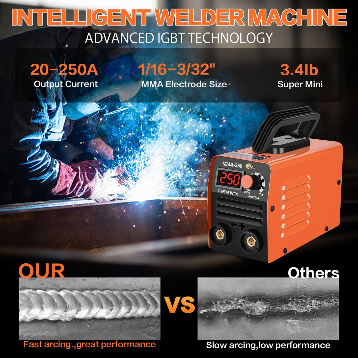 Super Mini Stick Welder Machine,110V 250A ARC Portable MMA Welding Machine for Beginners,Welding Machine with 10pcs Welding Rod Tools,IGBT Inverter Welder,Hot Start Arc Force Anti-stick (Orange)