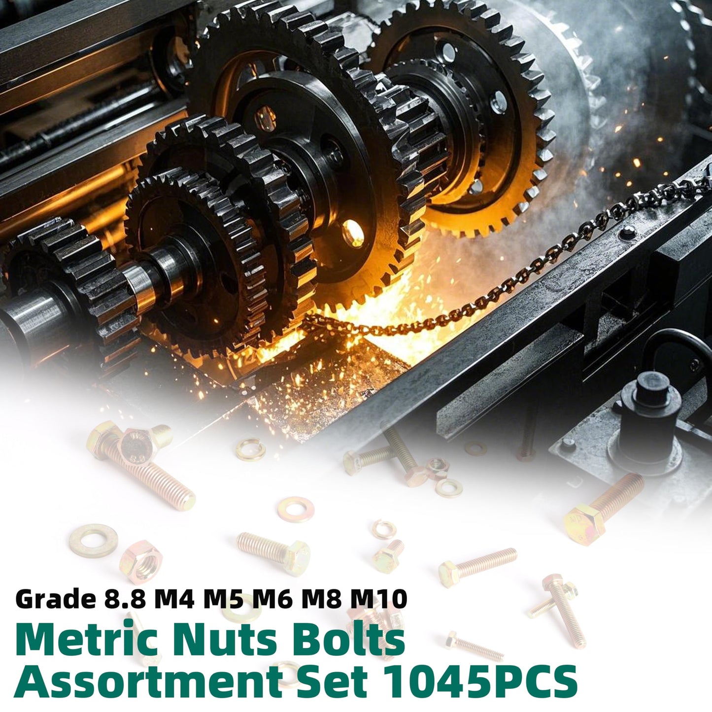 1045PCS M4 M5 M6 M8 M10 Metric Nuts Bolts Washers Assortment Grade 8.8, Heavy Duty Bolts Assortment Nuts Kit, Length from 12 to 30 mm (0.47-1.18 in)