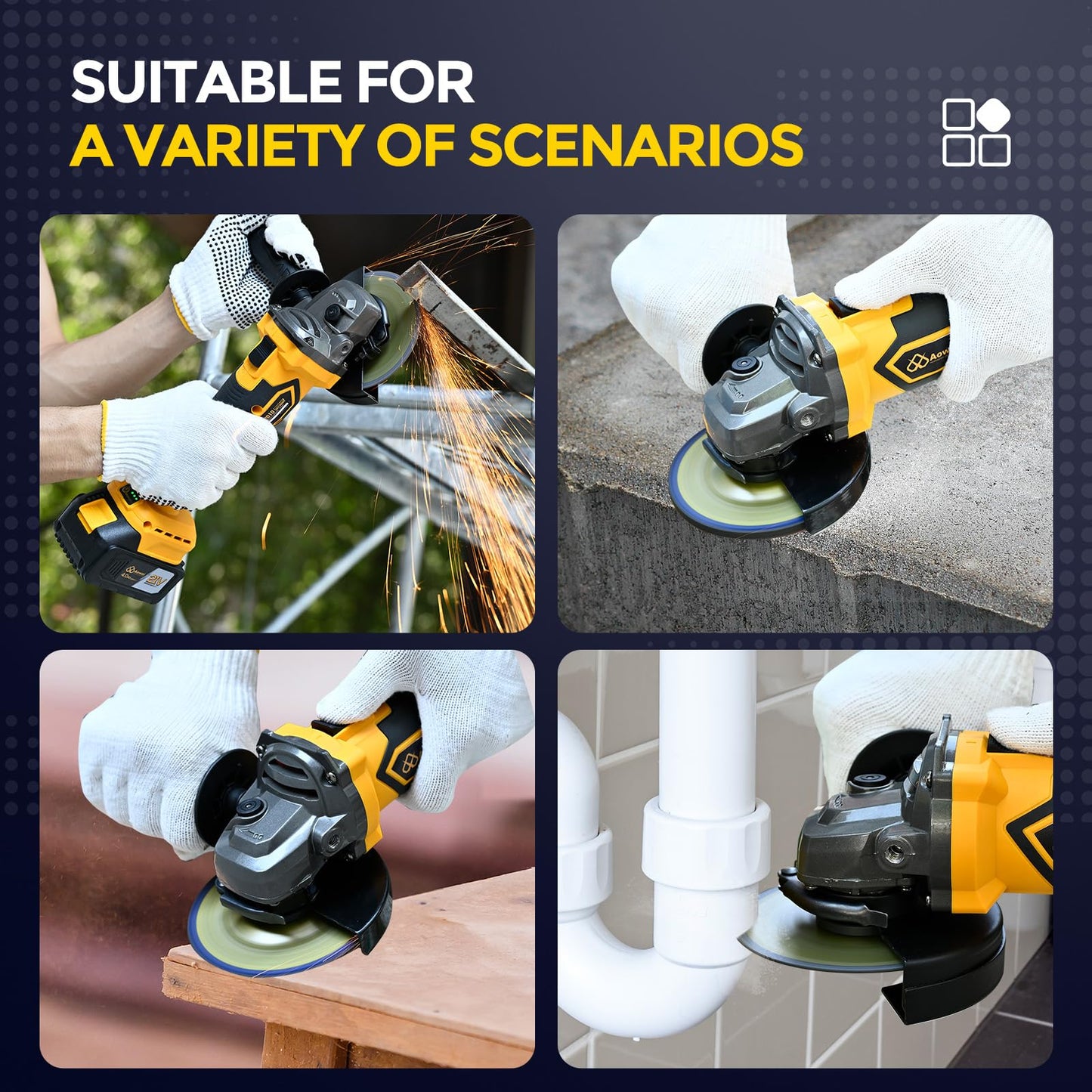 Aowei Brushless Cordless Angle Grinder, 21V Angle Grinder Toolbox Kit, with 2x4.0Ah lithium batteries and charger, yellow 4-1/2 inch grinder, suitable for cutting, grinding, polishing