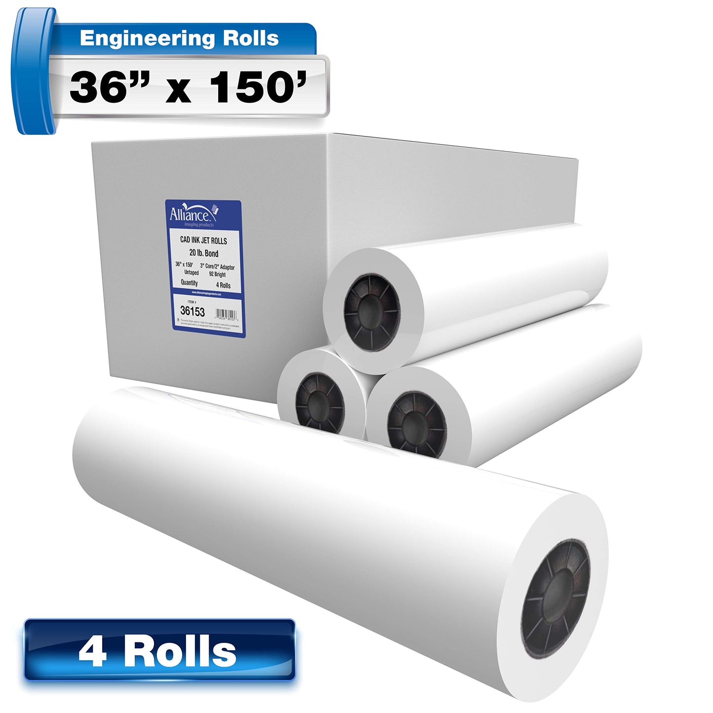 Alliance Wide Format Paper CAD Bond Rolls (20lb | 2 Rolls, 36 In x 300 Ft | 3" Core)