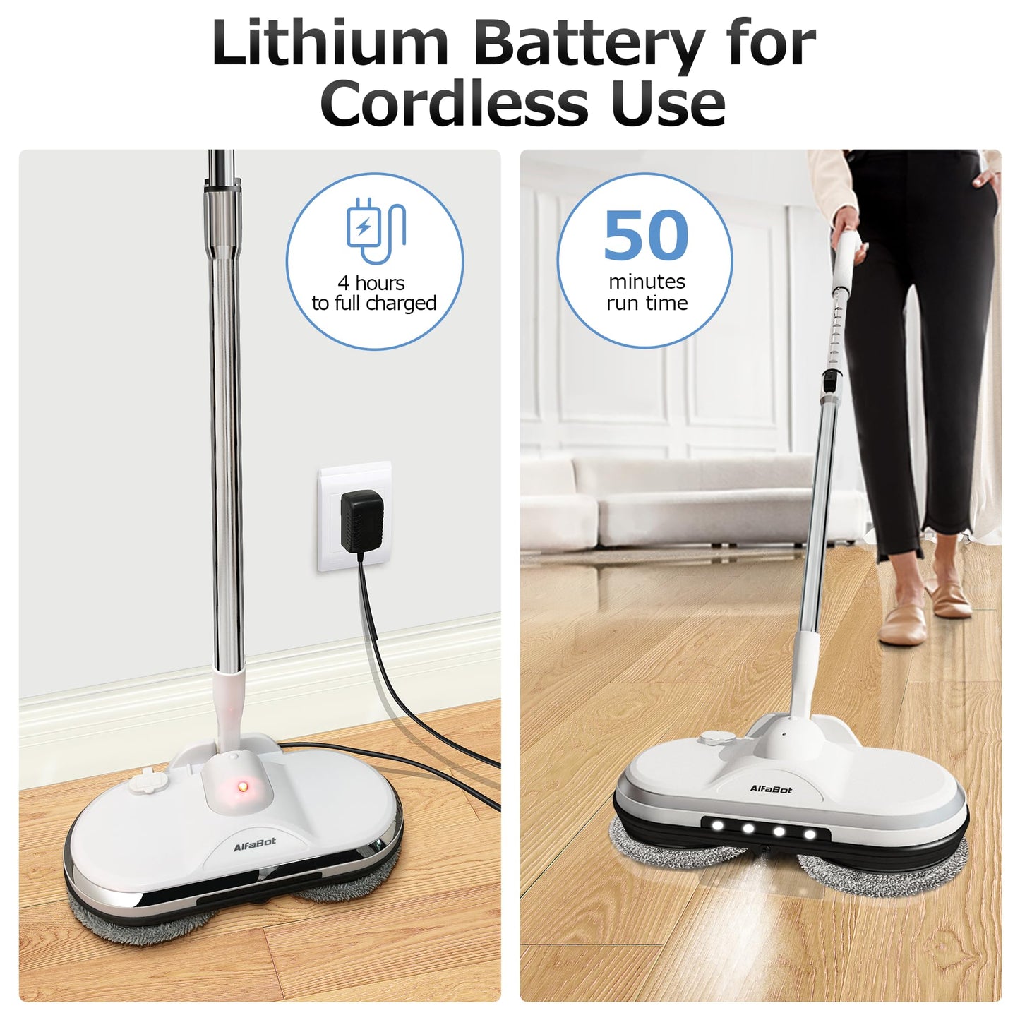 Electric Mop, AlfaBot WS-24 Cordless Spin Mop for Floor Cleaning, Lightweight & Rechargeable Floor Cleaner with Water Sprayer and LED Headlight for Hardwood and Tile Floors, White