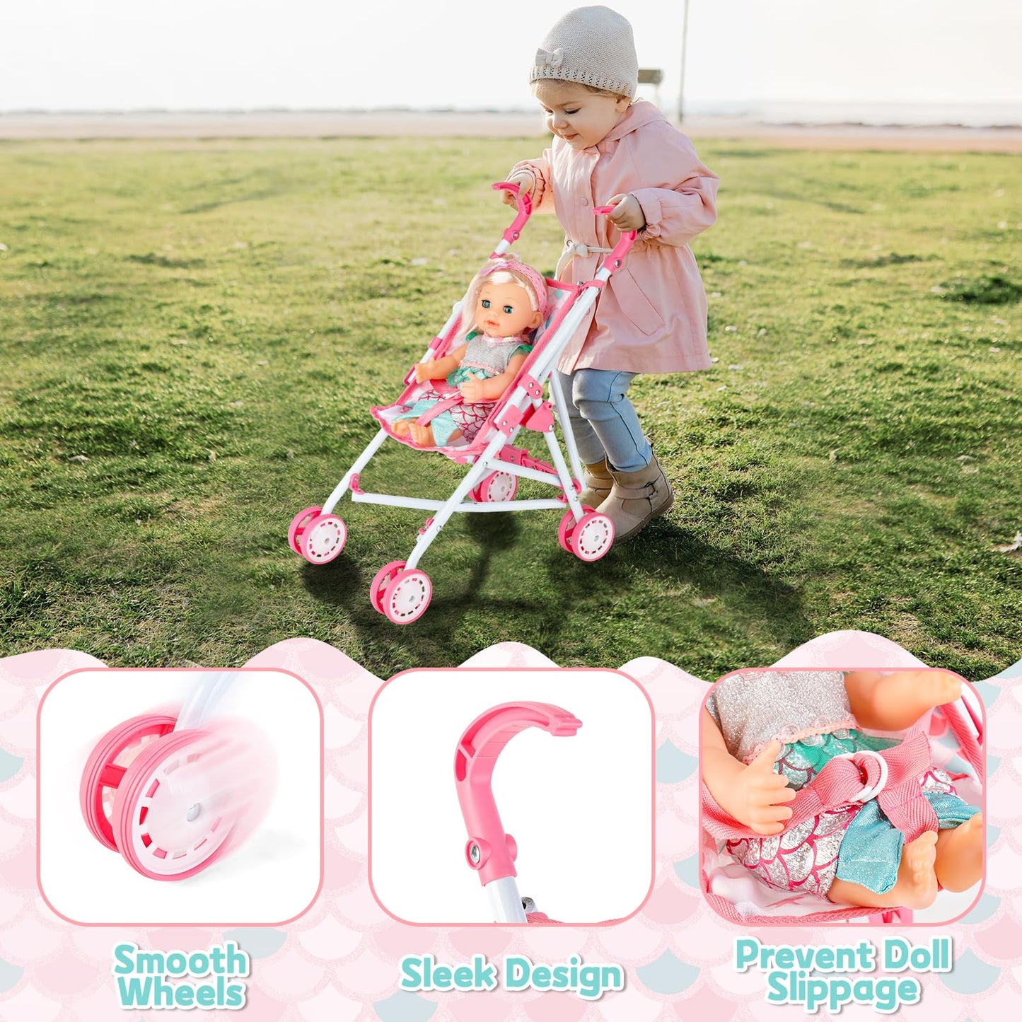 deAO Baby Doll Stroller Crib Bed Nursery Role Play Set Baby Doll Accessories and Play Mat,Travel Cot,Foldable Stroller and Travel Bag Birthday for Girls Boys Kids