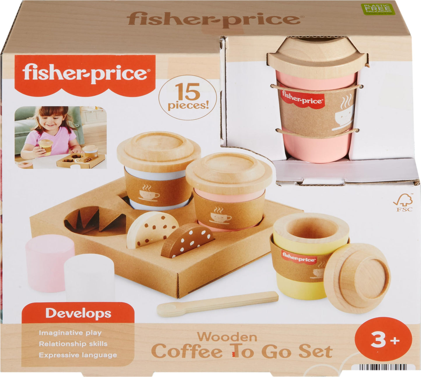 Fisher-Price Wood Pretend Play Toy Coffee to Go Café Set, 15-Piece Wooden Playset with Cups & Food for Preschool Kids Ages 3+ Years