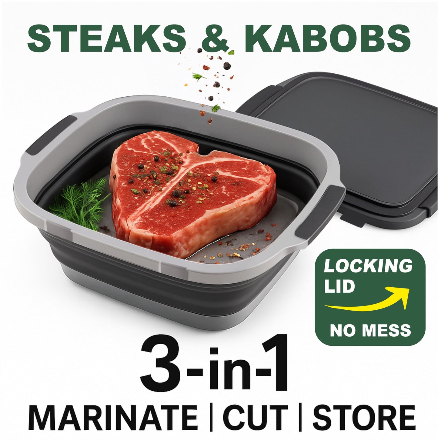 BBQ Prep Tub Collapsible X-Large with Cutting Board, Locking Lid – Meal Prep Food Prep Containers with Lids for Resting Meat –3 Adjustable Height - Ideal for Camping, Picnic, Dish Basin