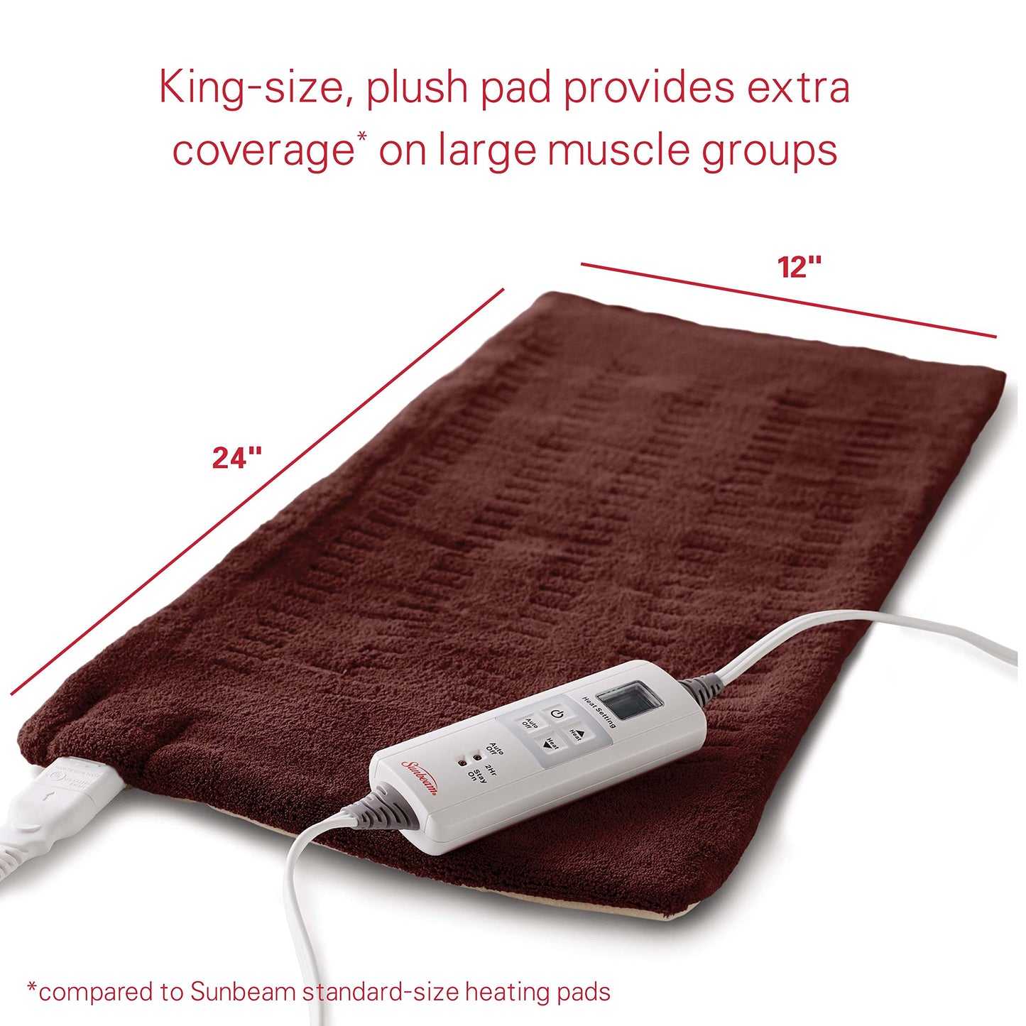 Sunbeam XL Back, Neck, and Shoulder Heat Therapy, 12 x 24 with Auto Shut Off, 6 Settings, Machine-Washable, Comfortable Microplush Fabric - Burgundy