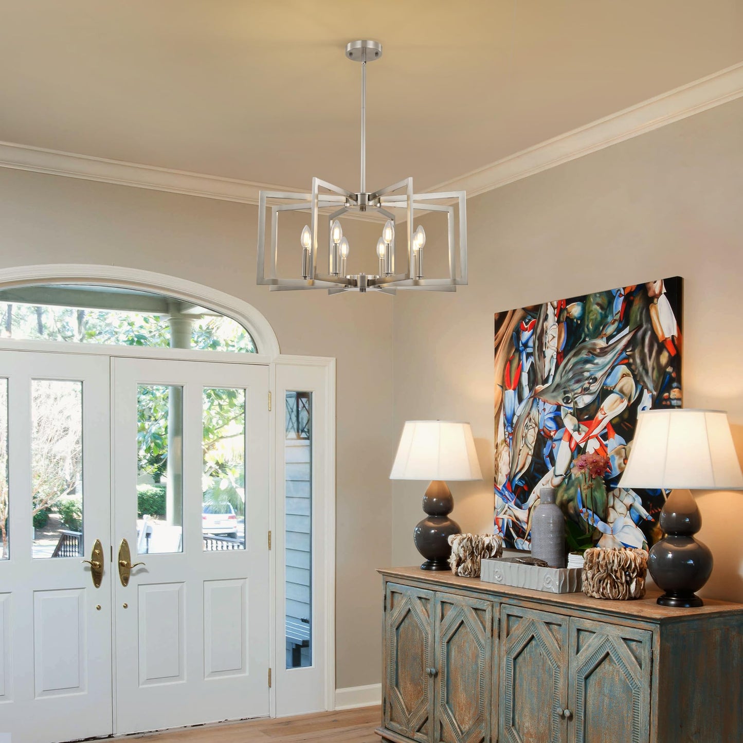 8-Light Large Brushed Nickel Chandeliers for Dining Room,Modern Industrial Pendant Lights Kitchen Island,Farmhouse Entryway Light Fixtures,Metal Geometric Chandelier for Living Room